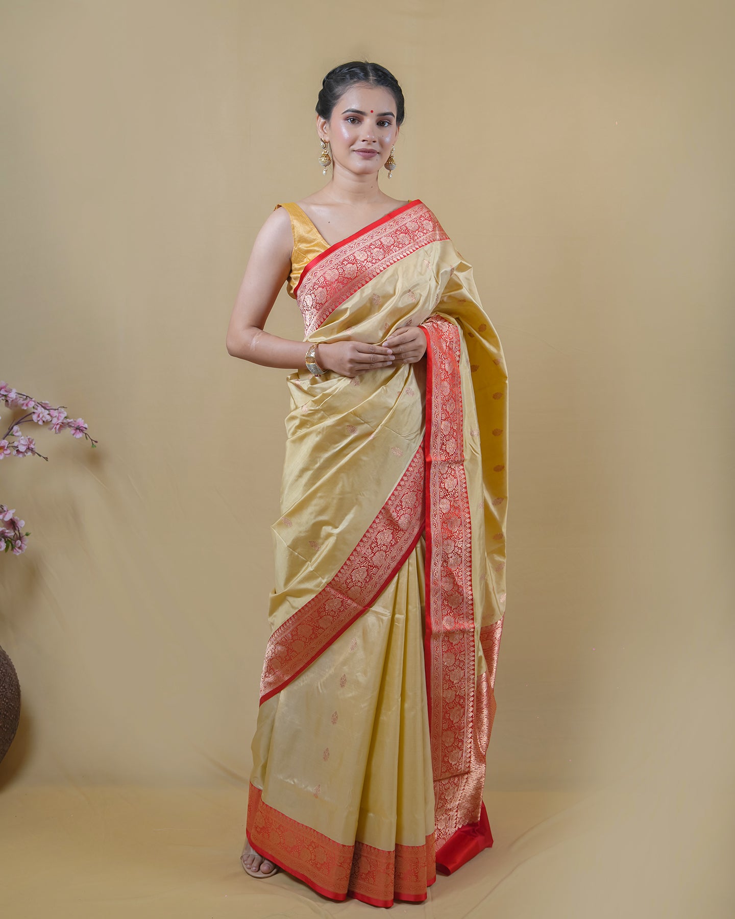 Beige & Red Border Kadhua Katan Banarasi Silk Saree