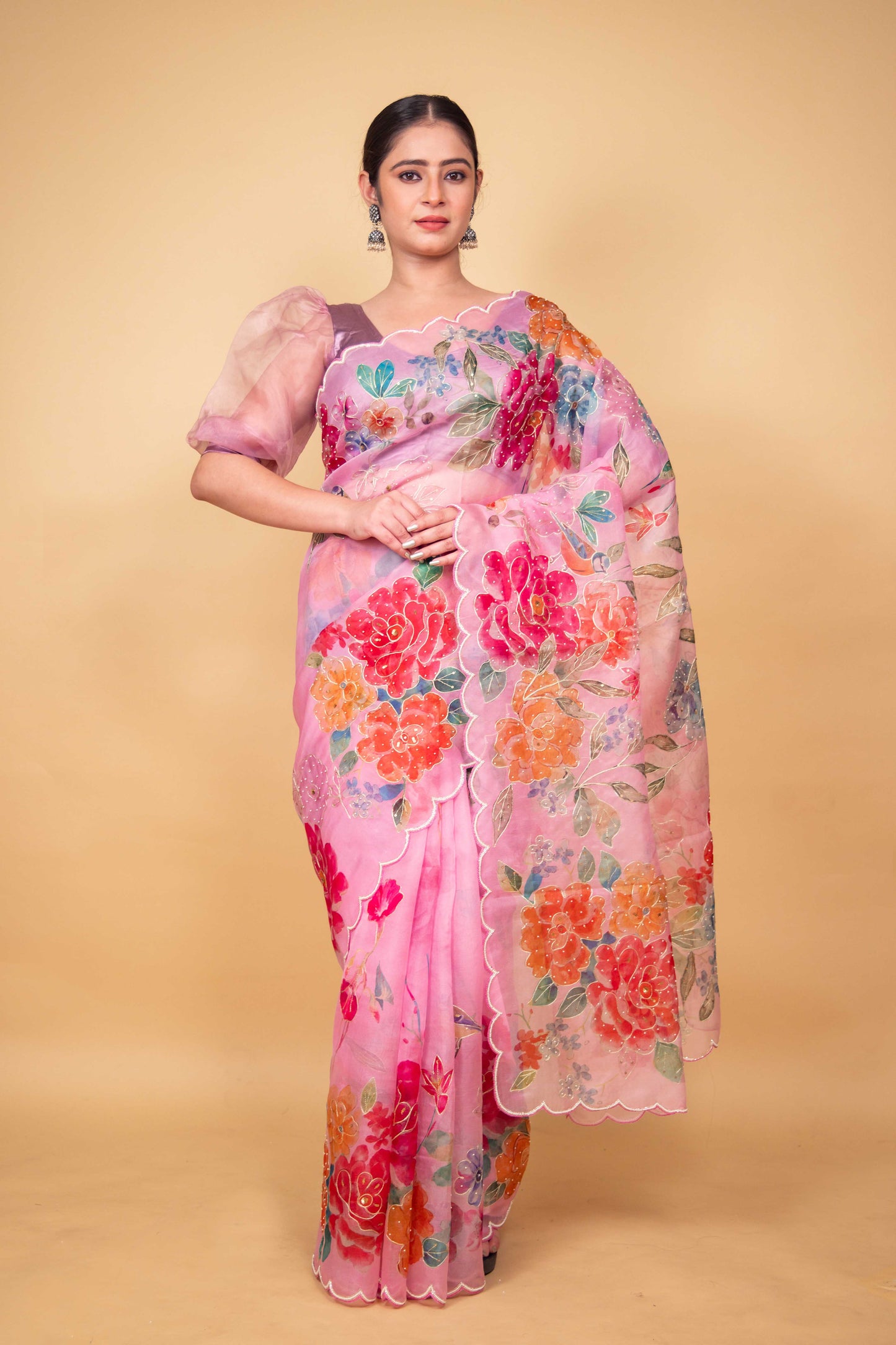 Pink Floral Embellished Organza Silk Saree