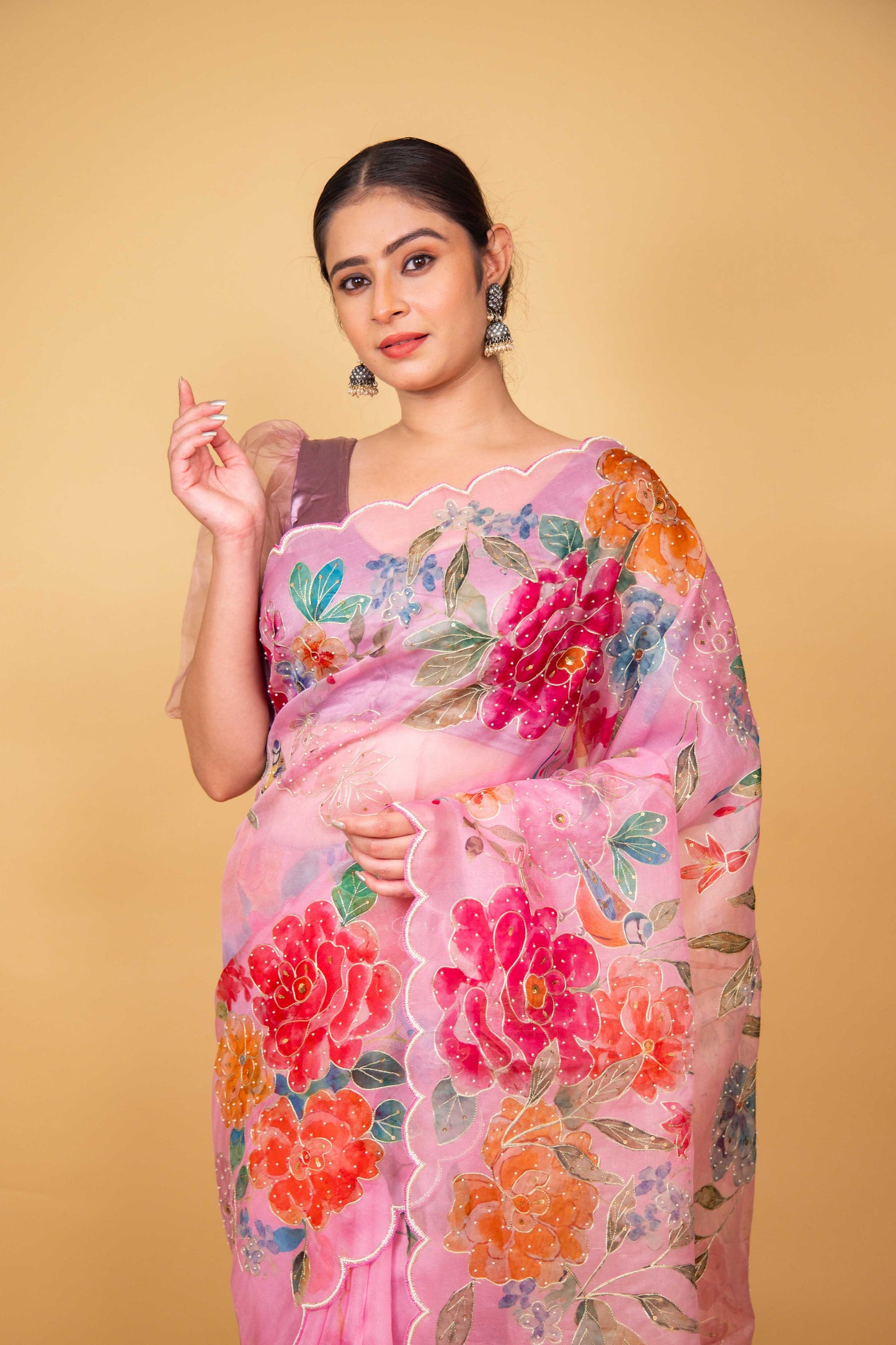 Pink Floral Embellished Organza Silk Saree