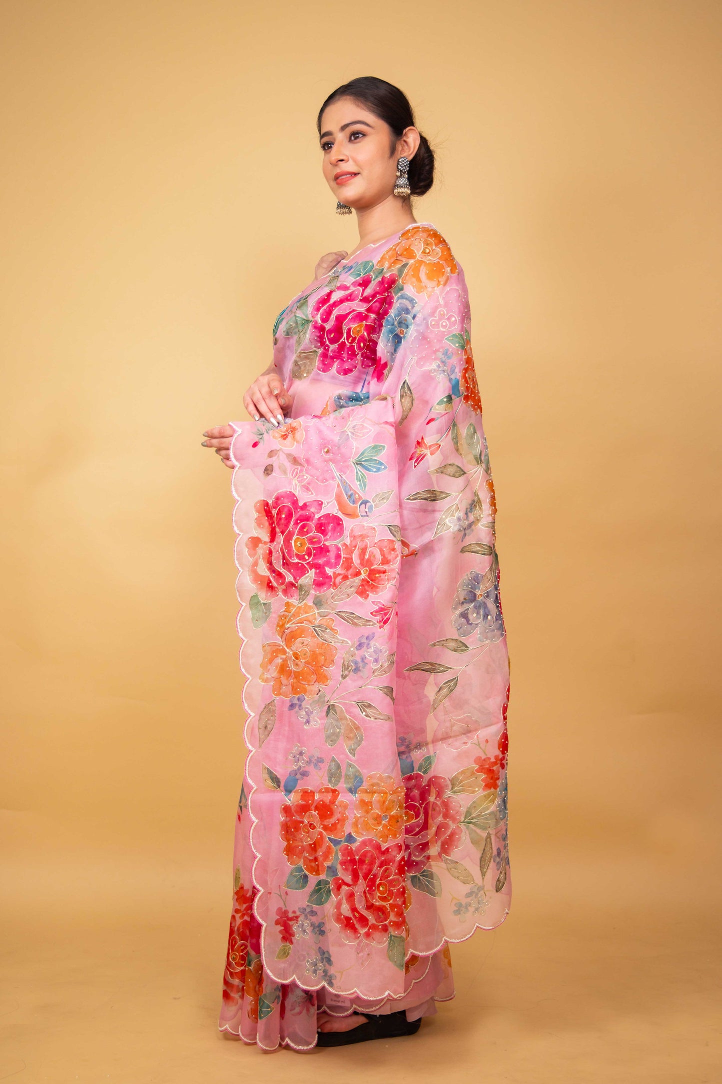 Pink Floral Embellished Organza Silk Saree