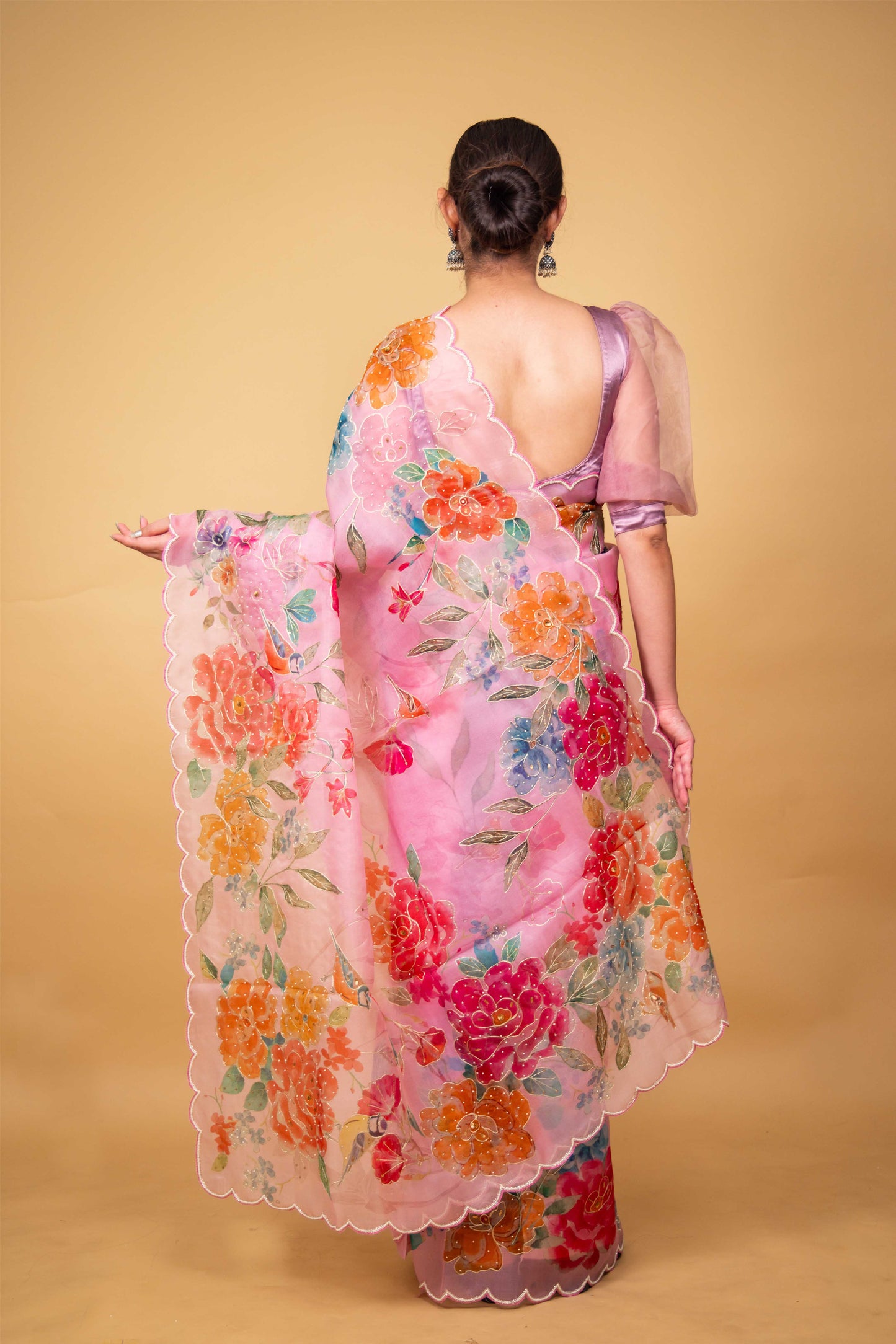 Pink Floral Embellished Organza Silk Saree