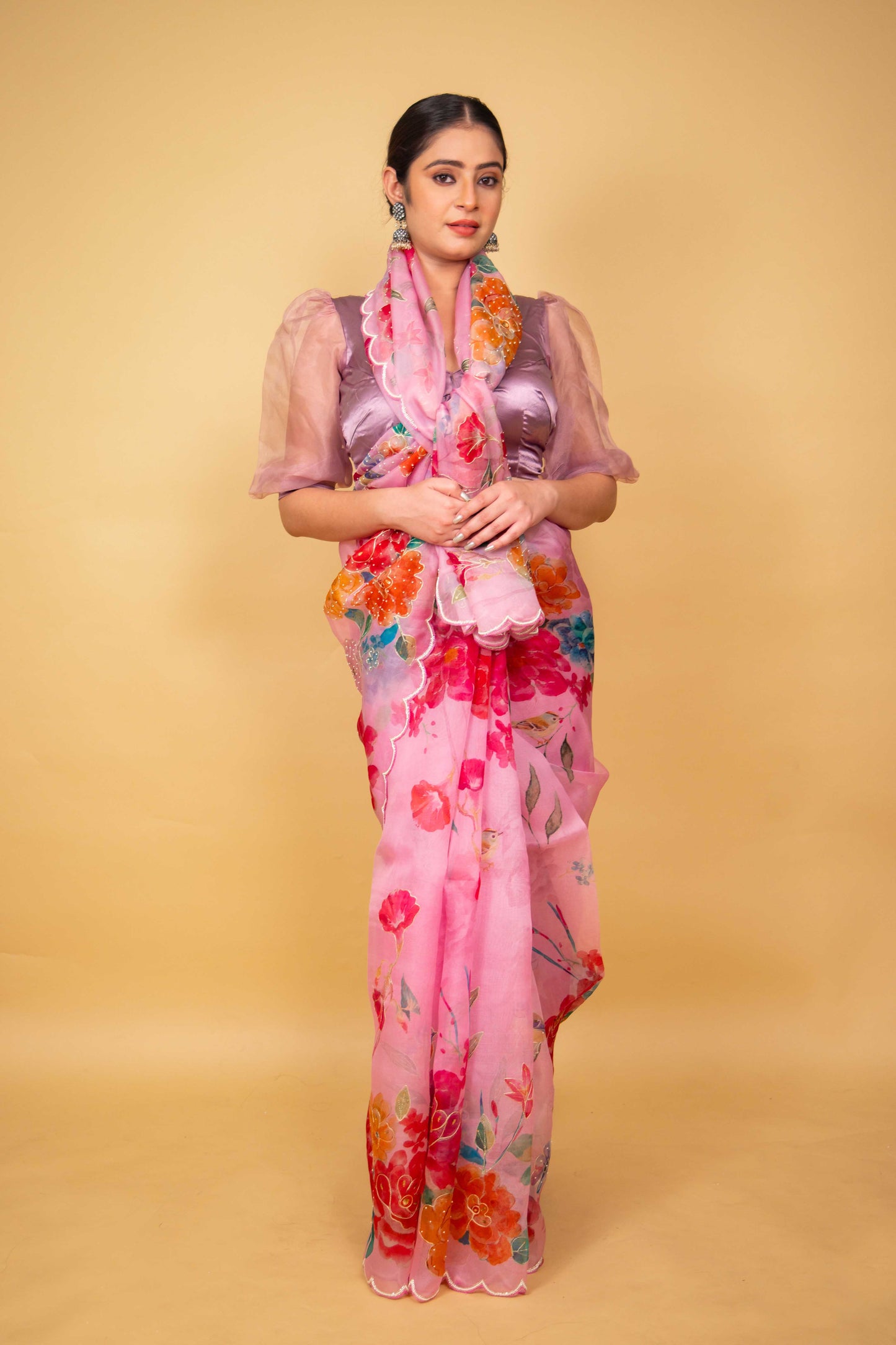 Pink Floral Embellished Organza Silk Saree