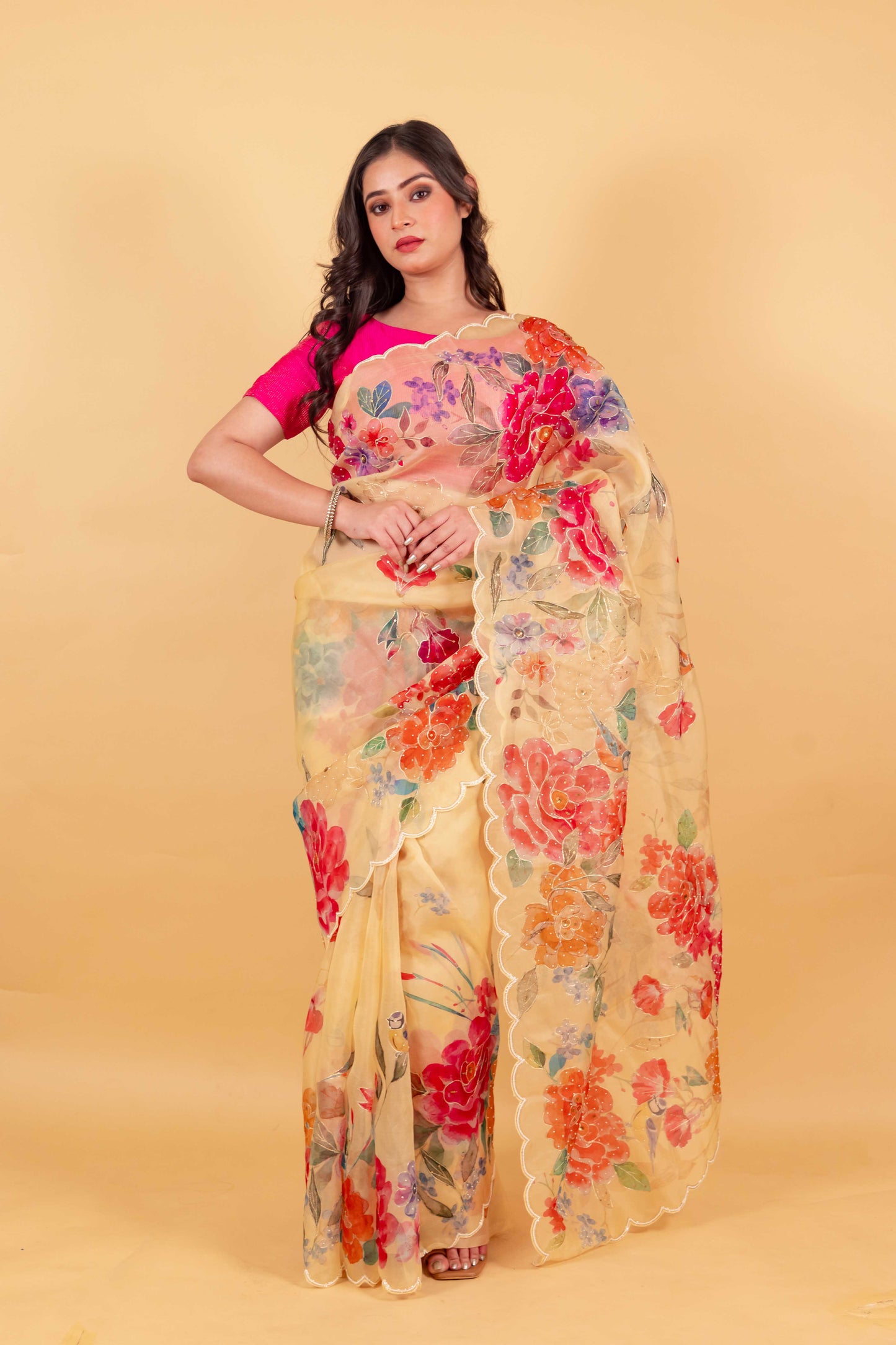 Yellow Floral Embellished Organza Silk Saree