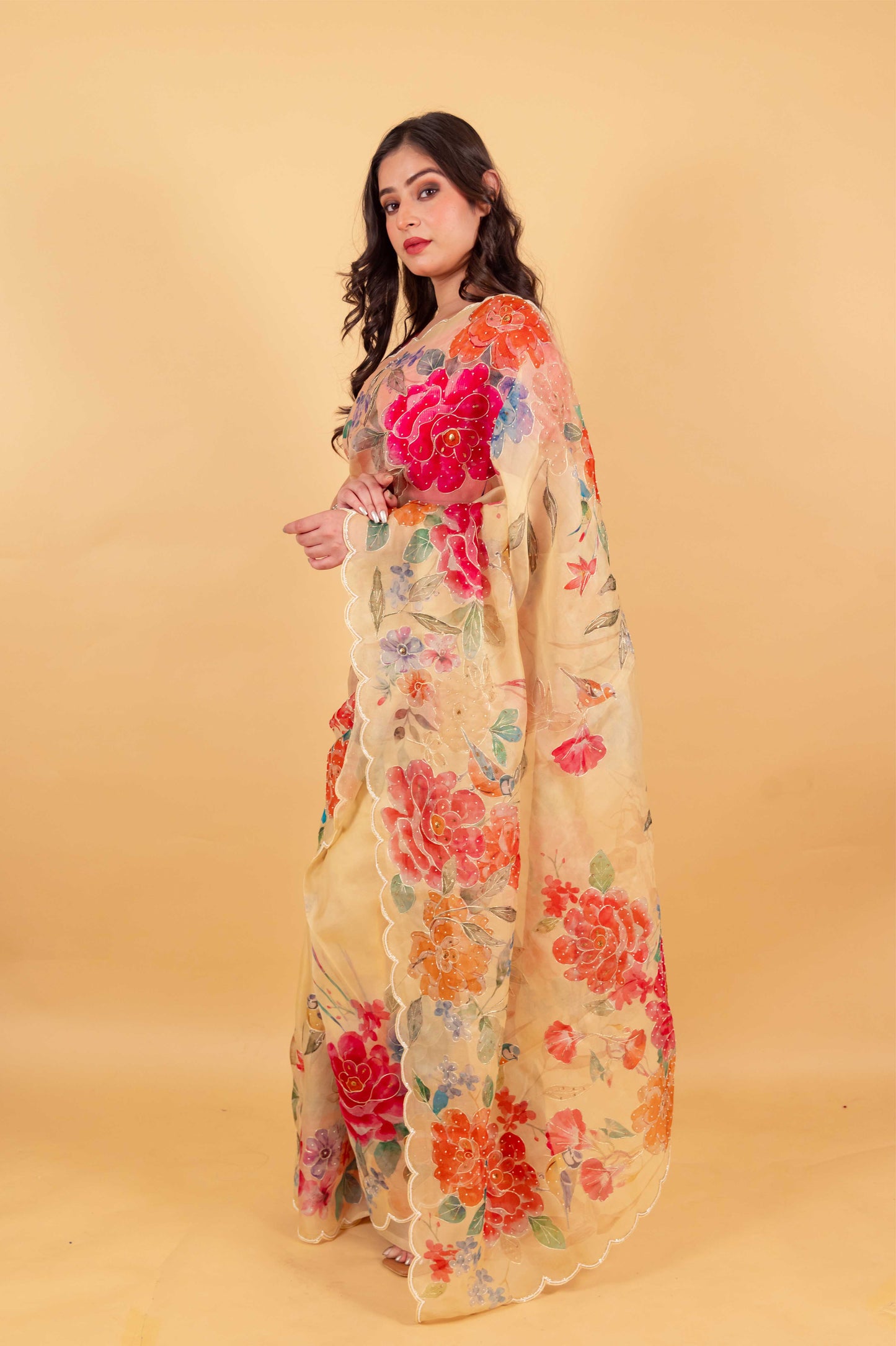 Yellow Floral Embellished Organza Silk Saree