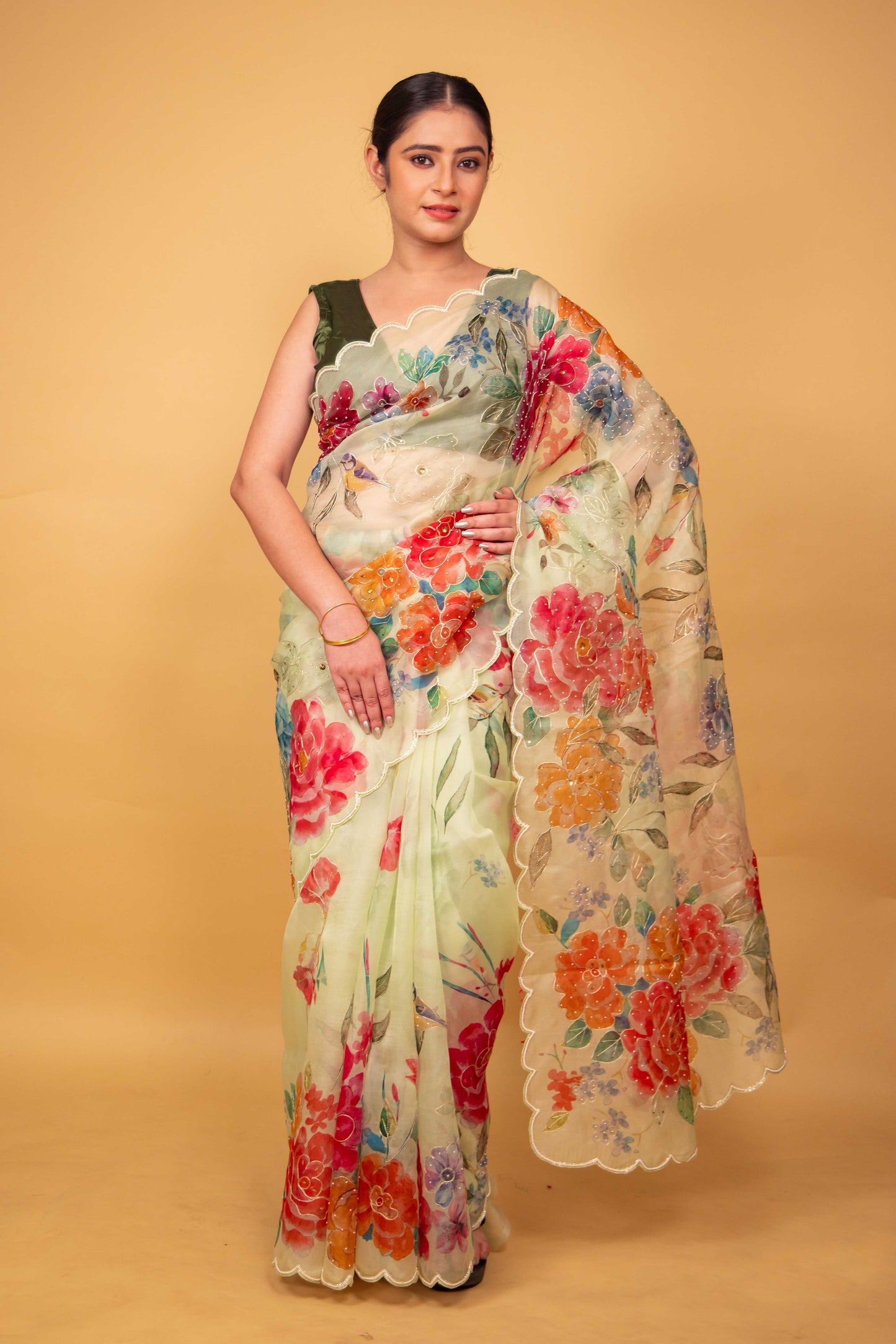 Green Floral Embellished Organza Silk Saree