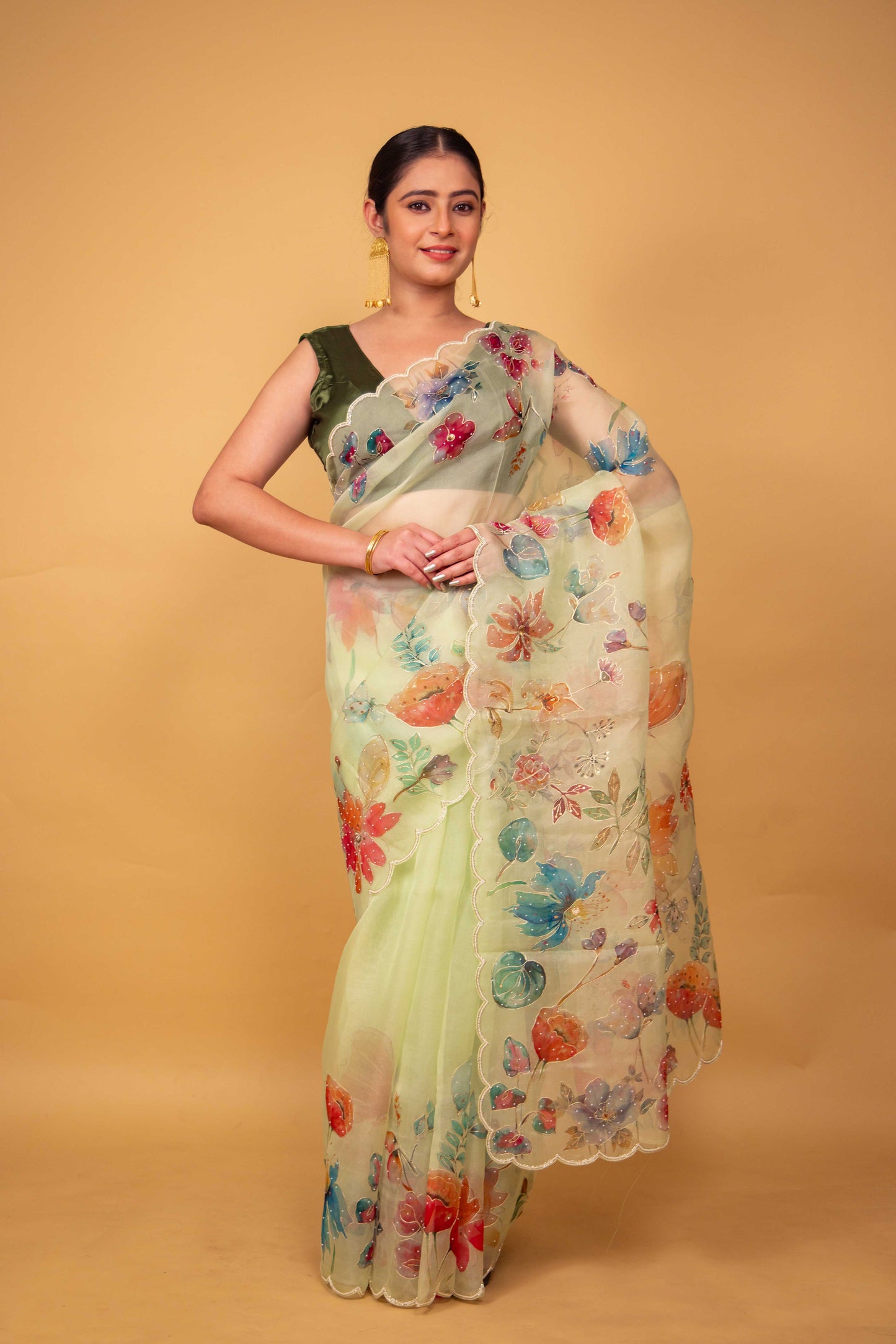 Green Floral Embellished Organza Silk Saree