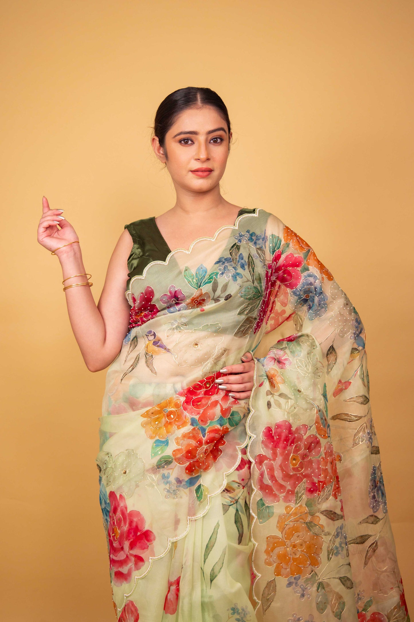 Green Floral Embellished Organza Silk Saree