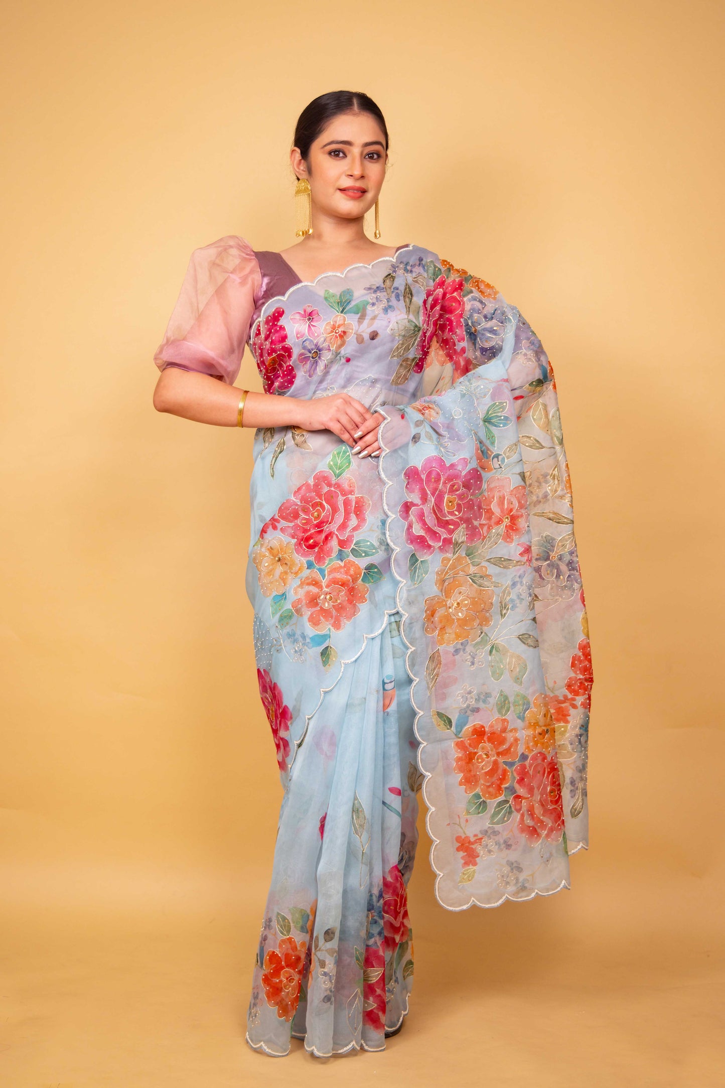 Sky Blue Floral Embellished Organza Silk Saree