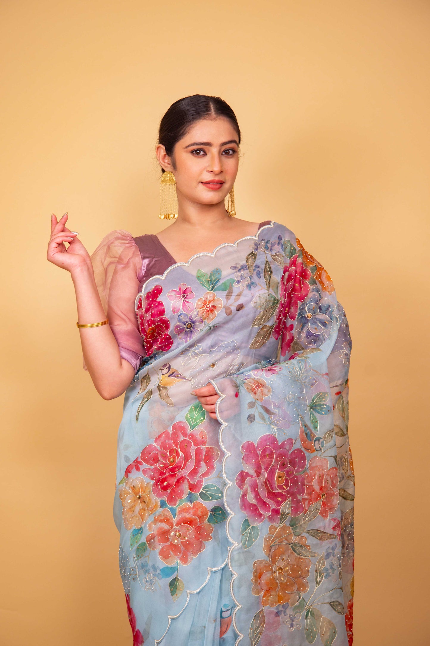 Sky Blue Floral Embellished Organza Silk Saree