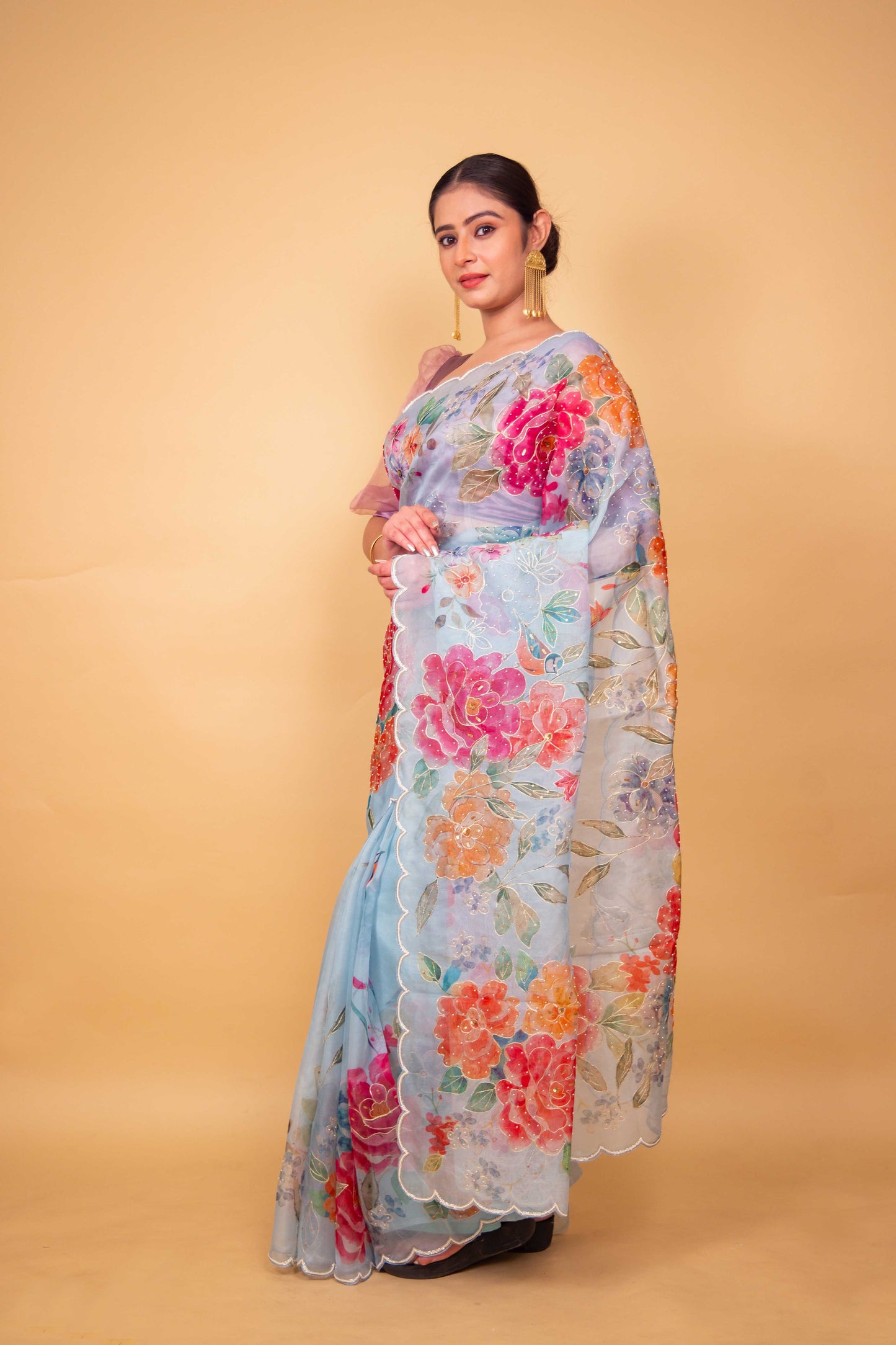 Sky Blue Floral Embellished Organza Silk Saree