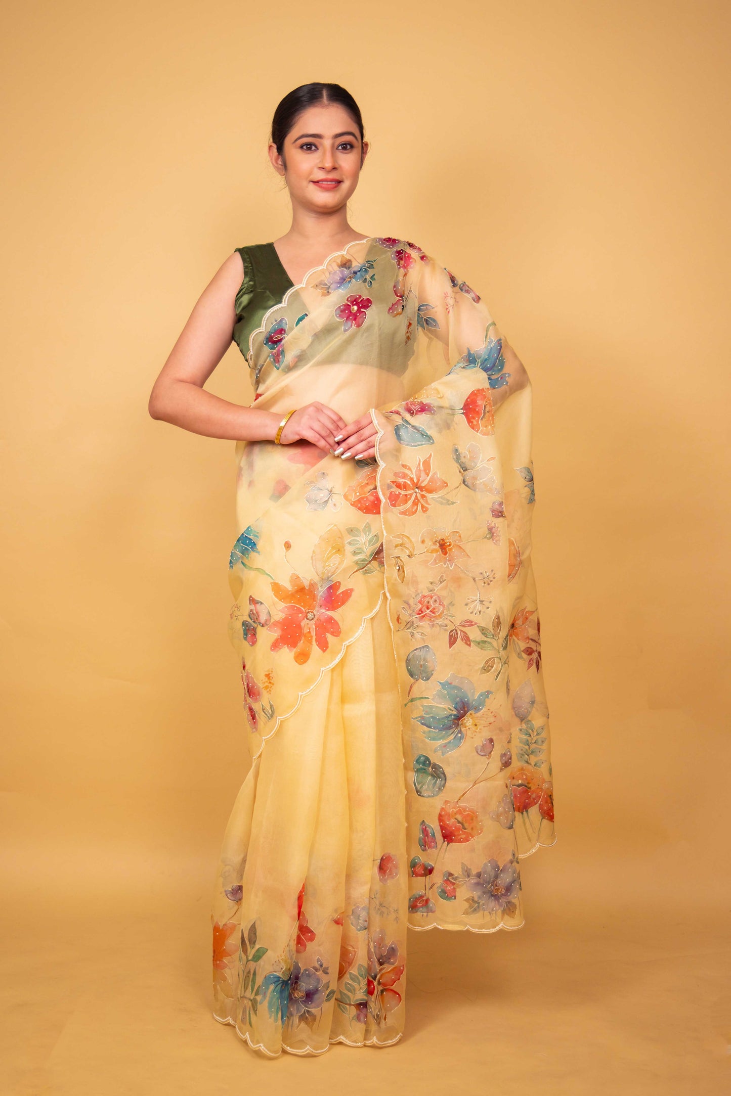 Yellow Floral Embellished Organza Silk Saree