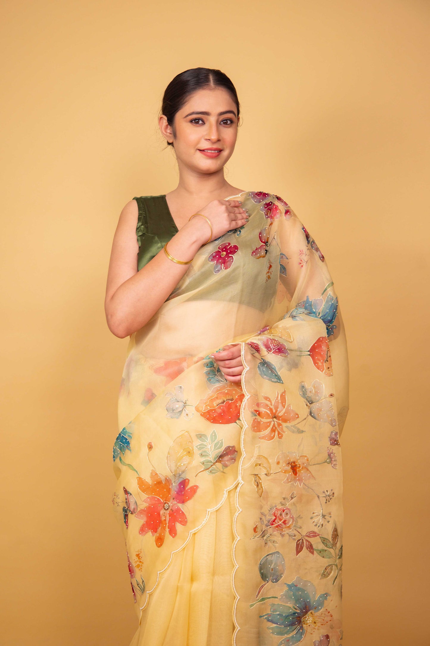 Yellow Floral Embellished Organza Silk Saree