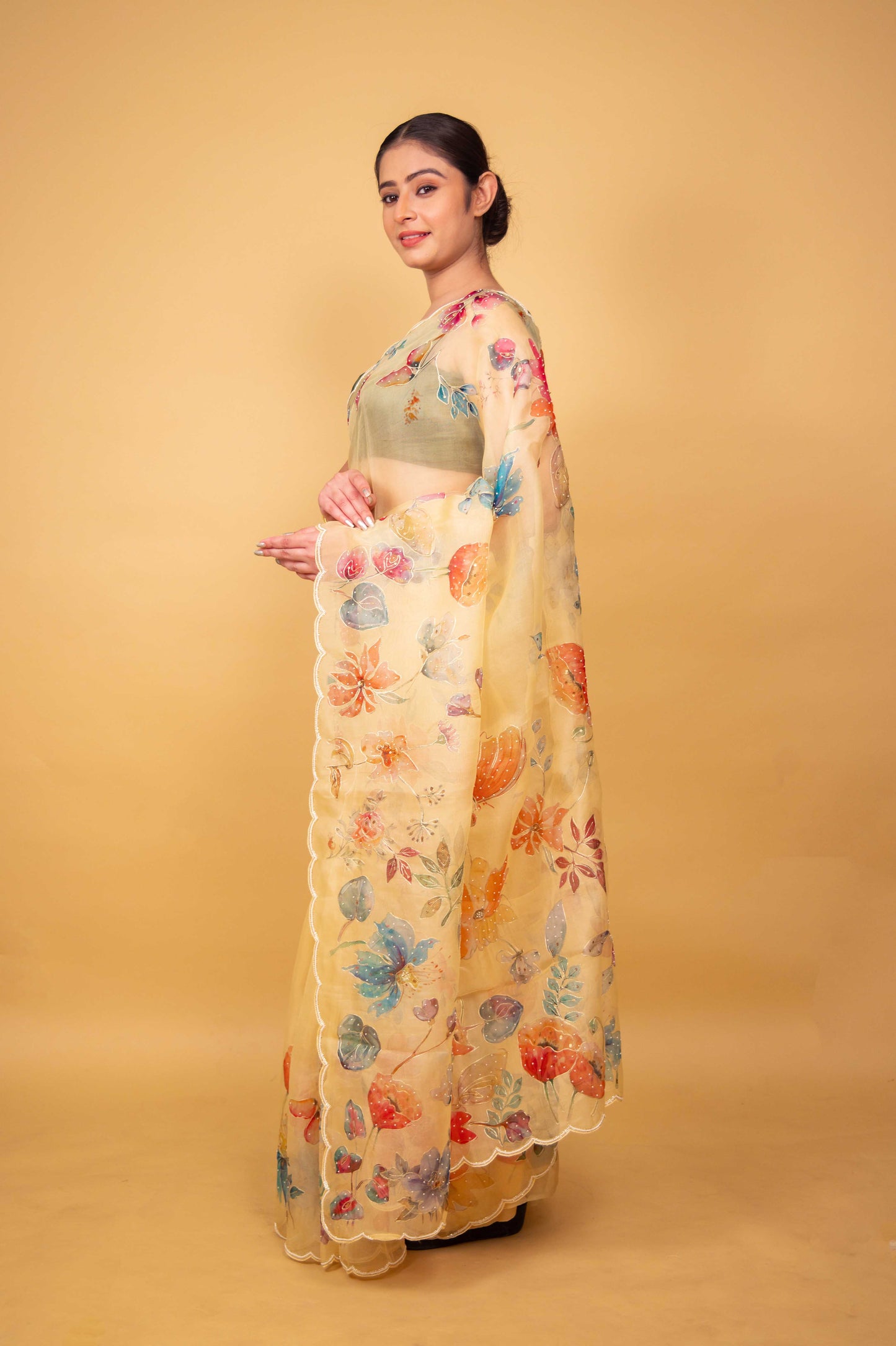 Yellow Floral Embellished Organza Silk Saree