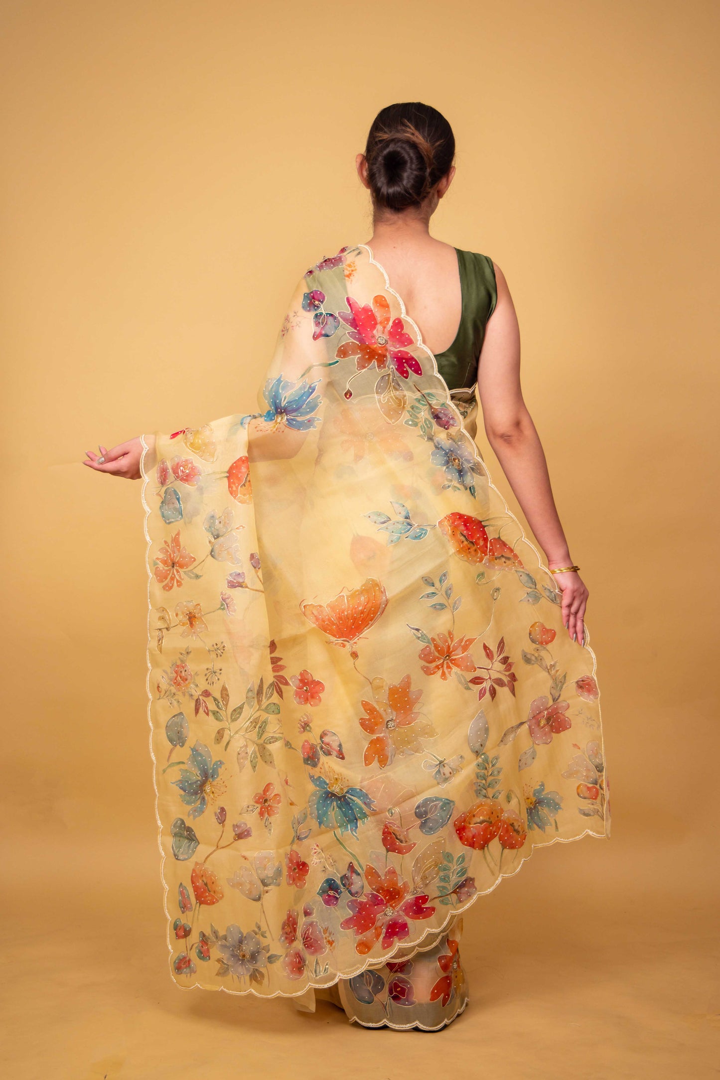 Yellow Floral Embellished Organza Silk Saree