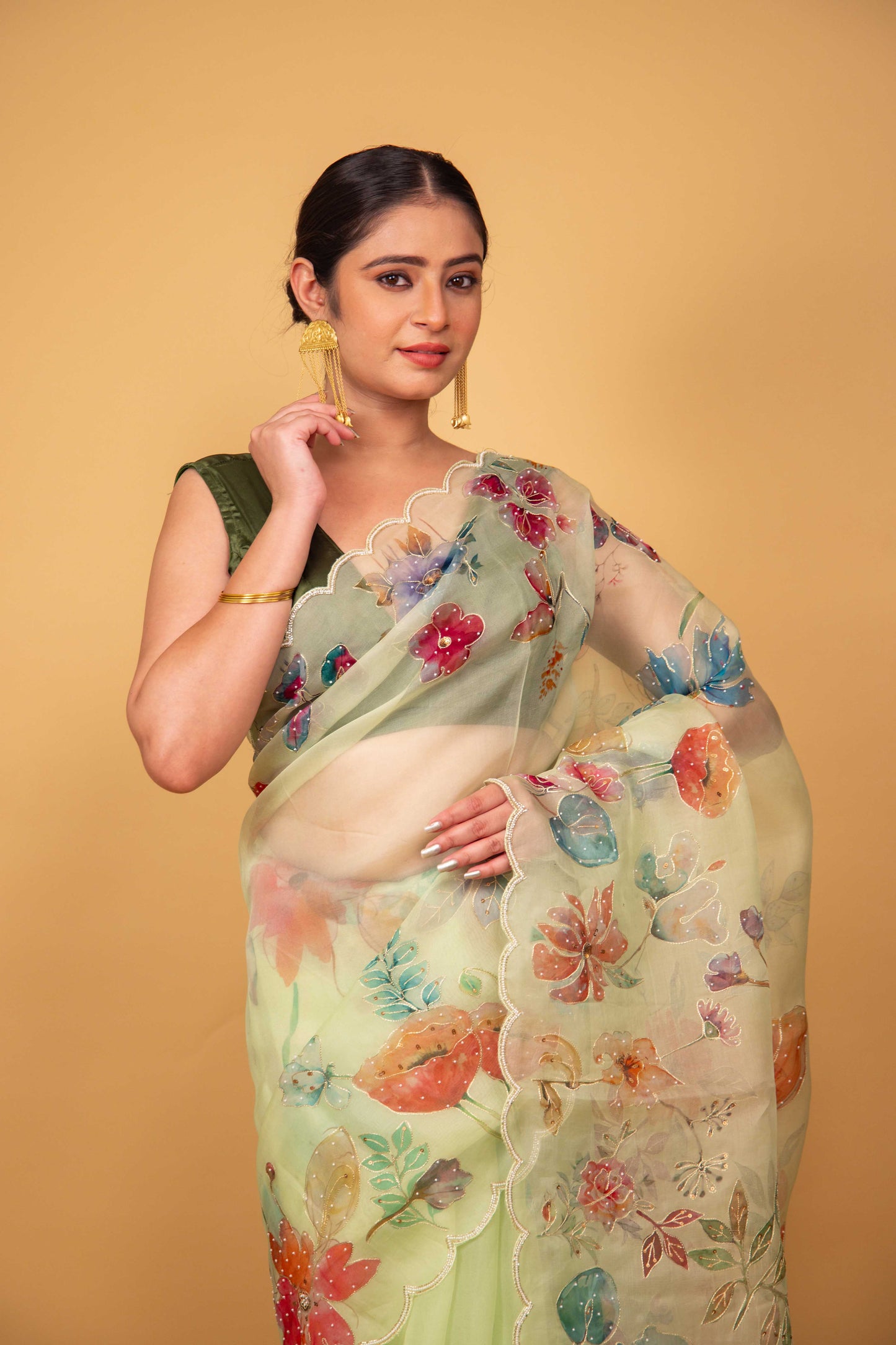 Pista Green Floral Embellished Organza Silk Saree