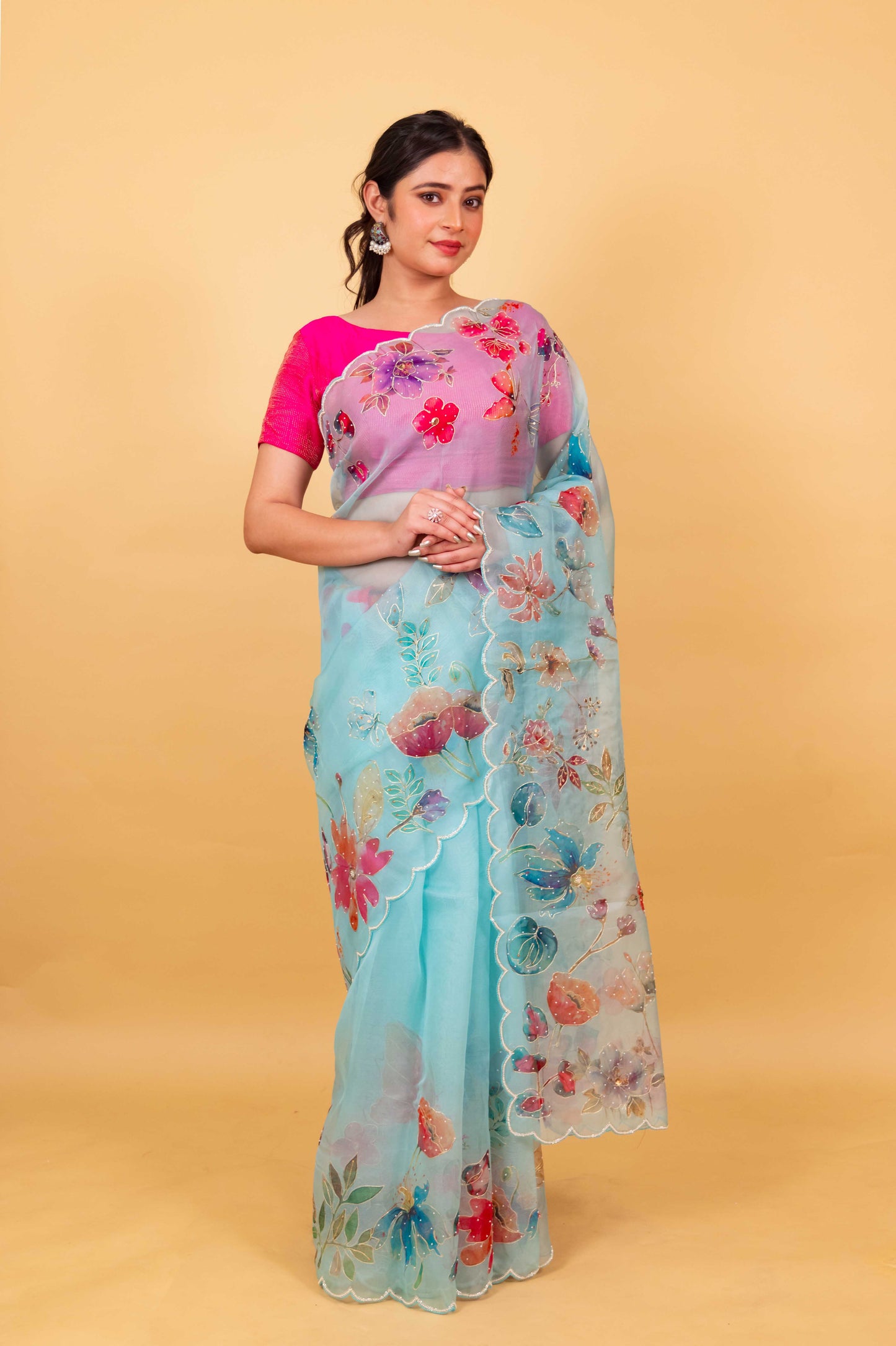 Sky Blue Floral Embellished Organza Silk Saree