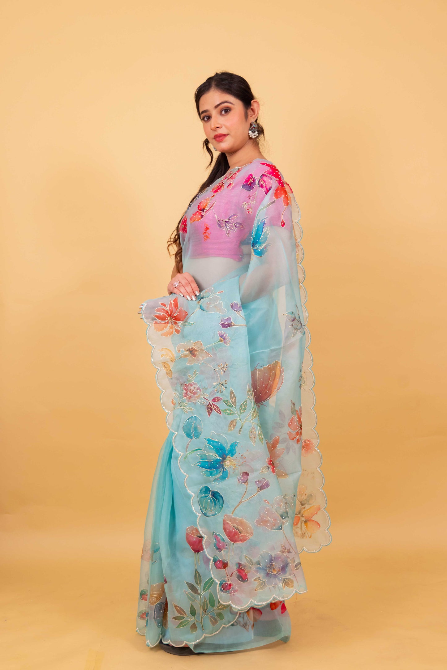 Sky Blue Floral Embellished Organza Silk Saree