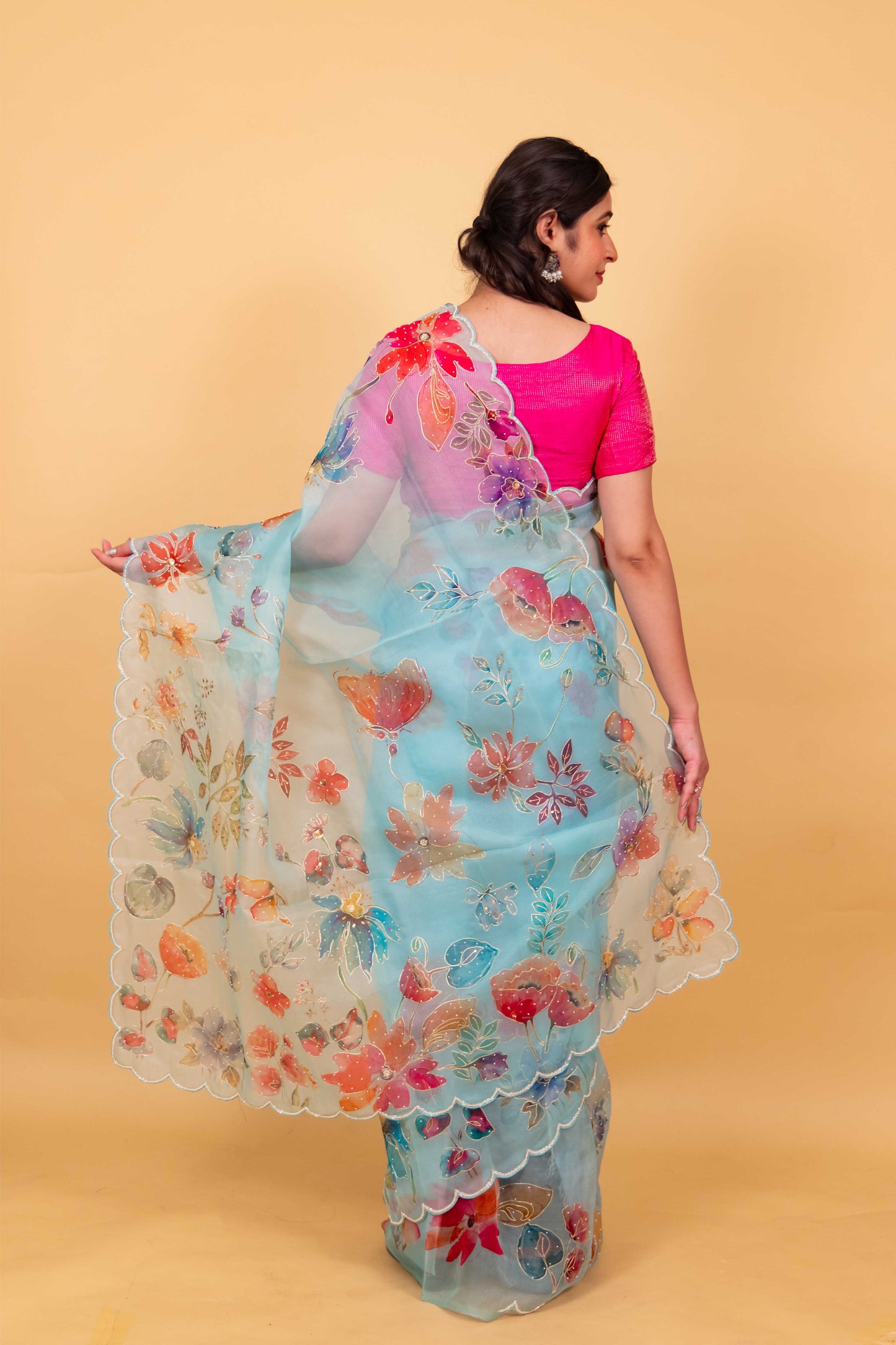 Sky Blue Floral Embellished Organza Silk Saree