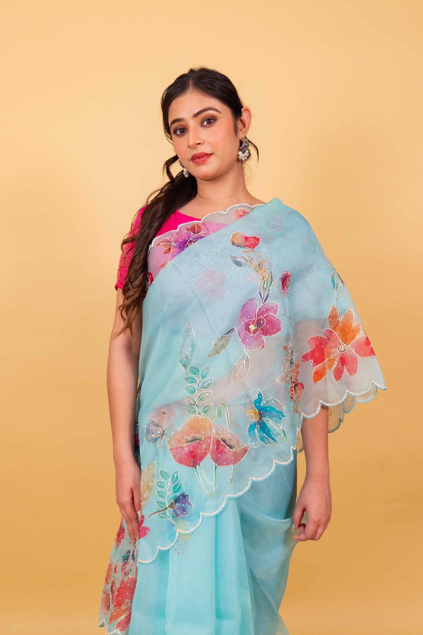 Sky Blue Floral Embellished Organza Silk Saree