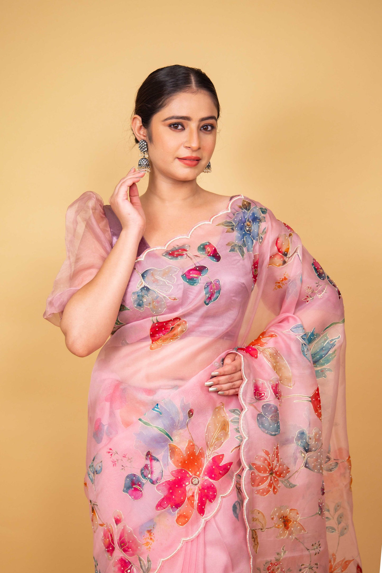 Pink Floral Embellished Organza Silk Saree