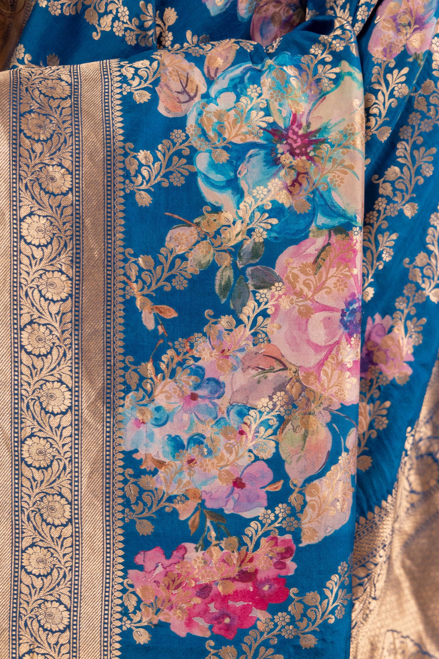 Premium Floral Blue Katan Silk Saree