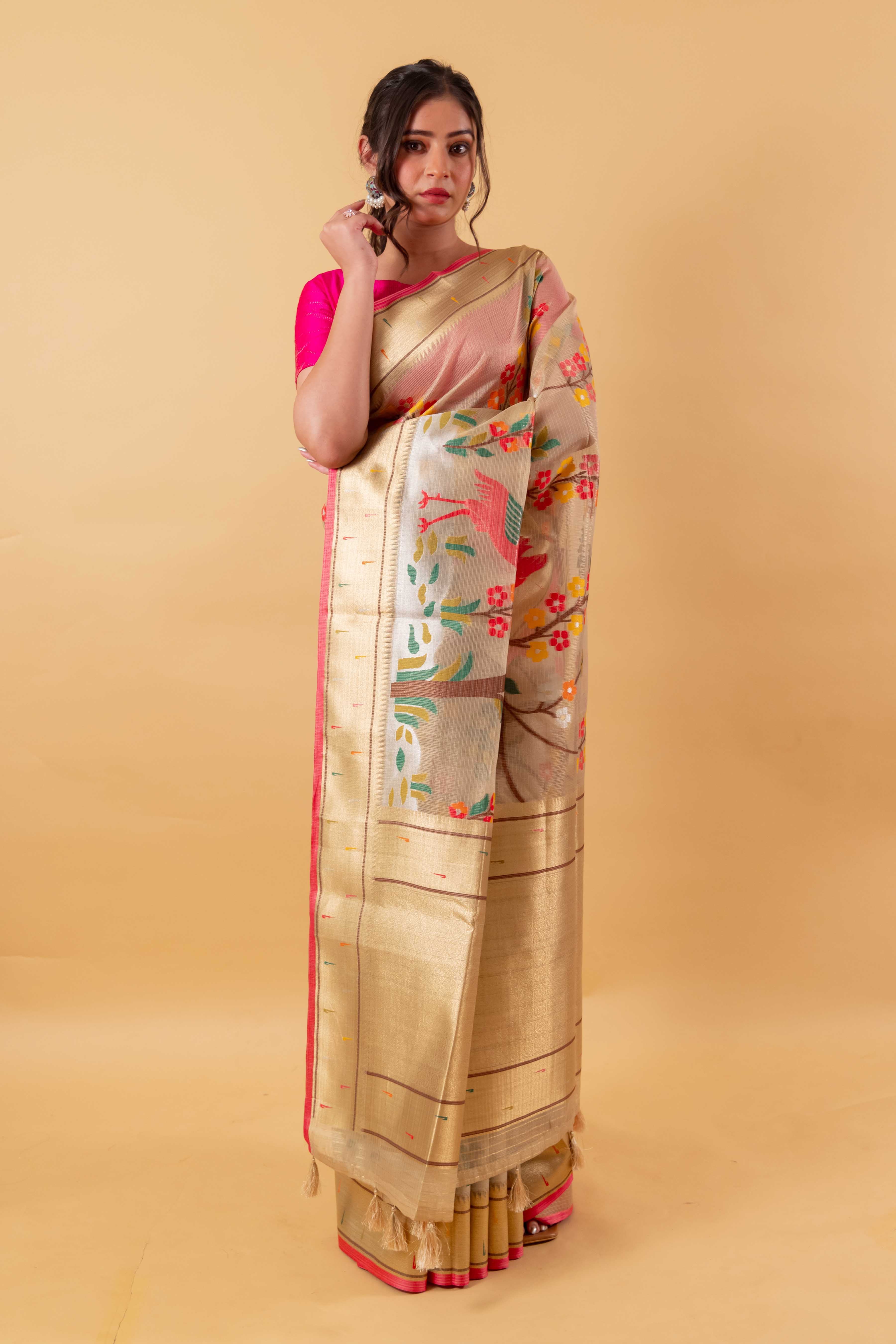 Beige Multi Resham  Handwoven Floral Kota Tissue Saree