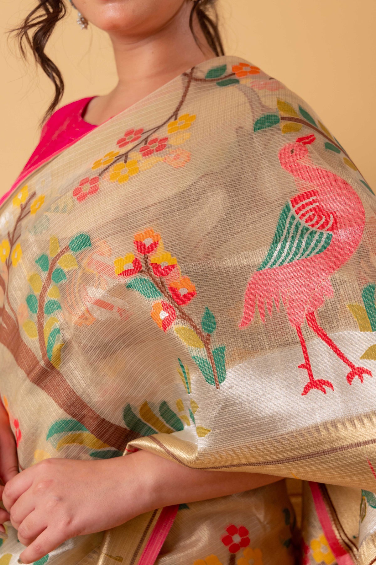 Beige Multi Resham  Handwoven Floral Kota Tissue Saree