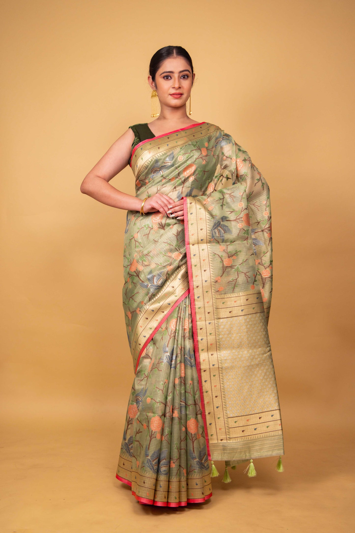 Pista Green Multi Resham Handwoven Kota Tissue Saree