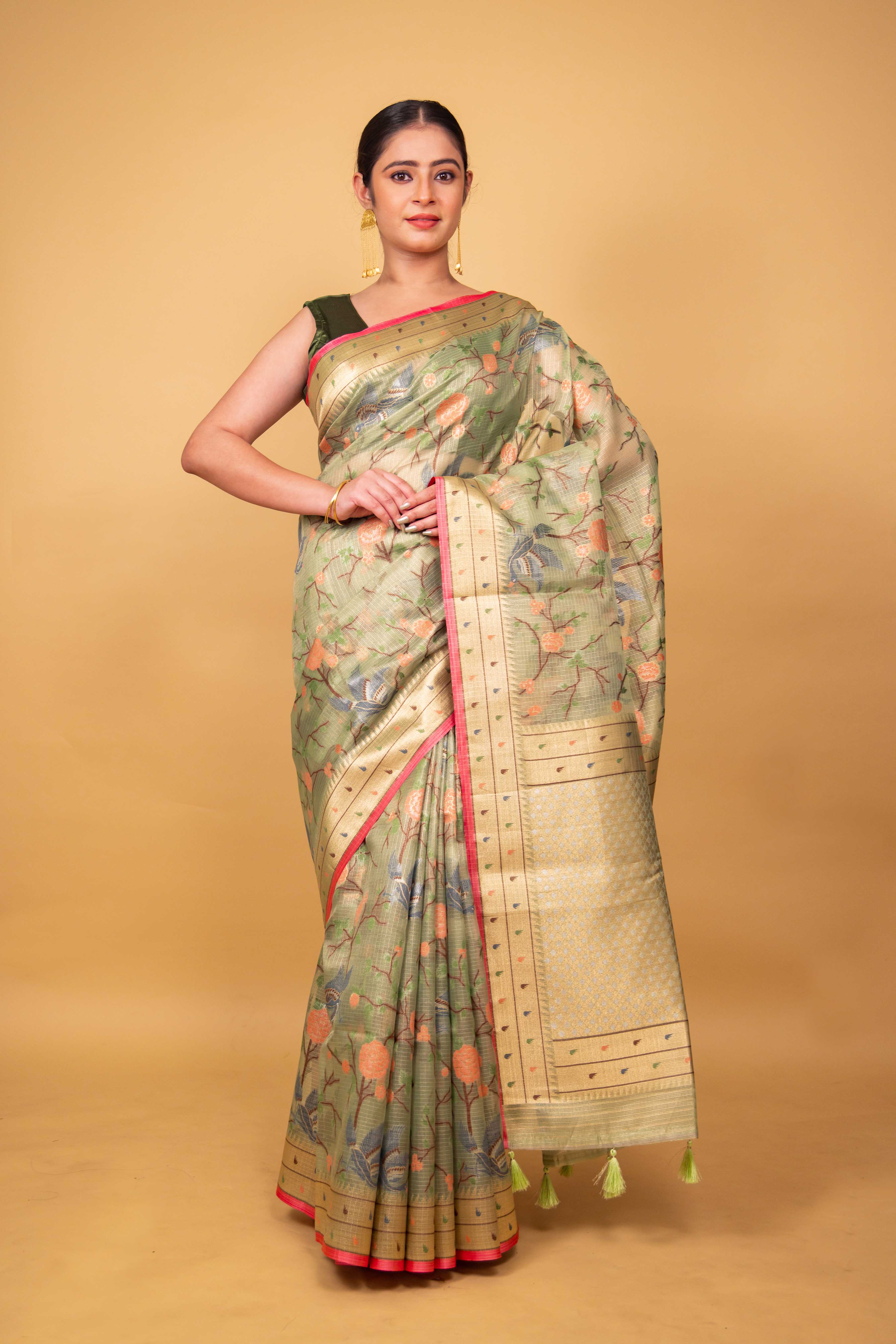 Pista Green Multi Resham Handwoven Kota Tissue Saree