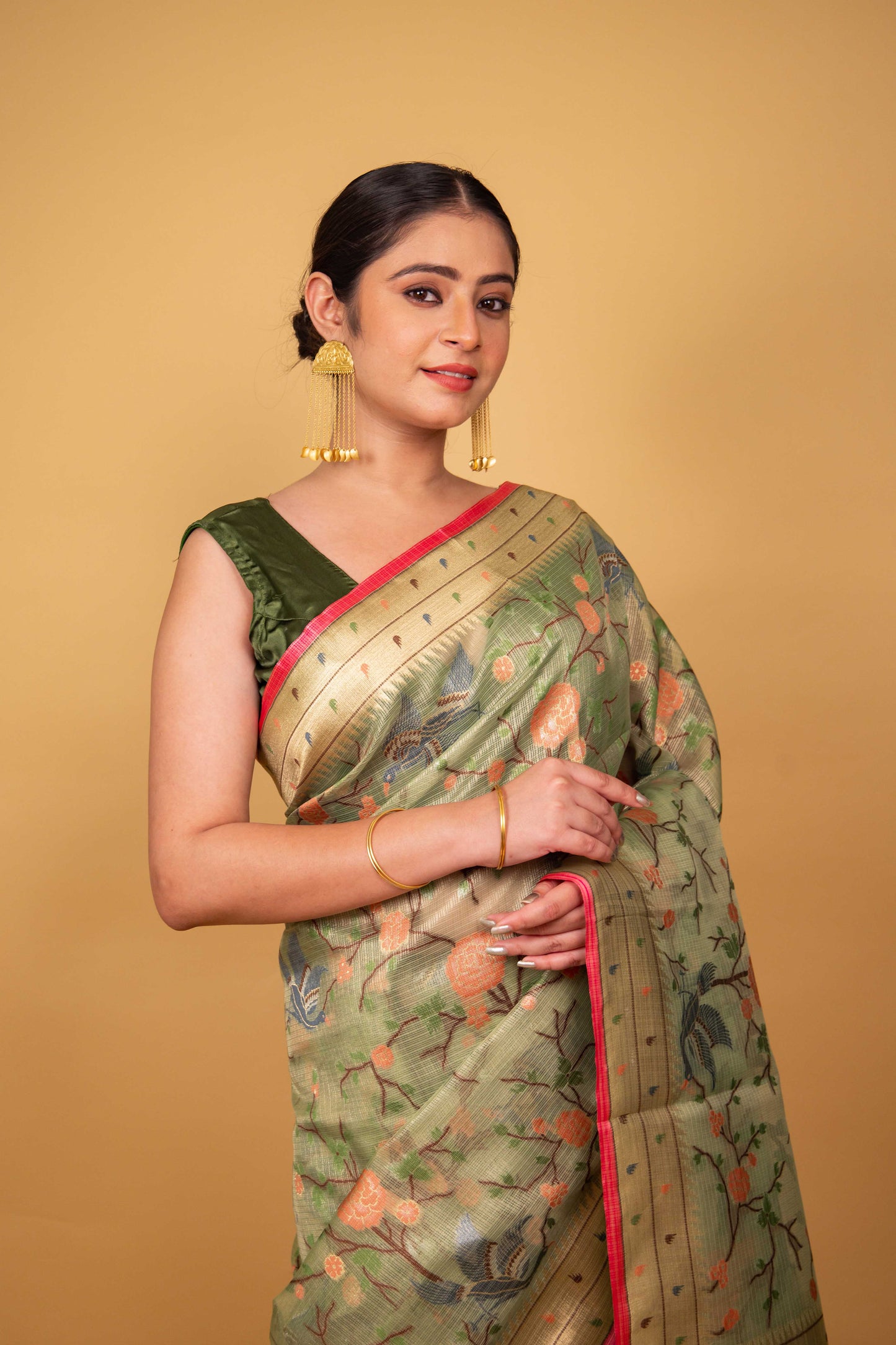 Pista Green Multi Resham Handwoven Kota Tissue Saree