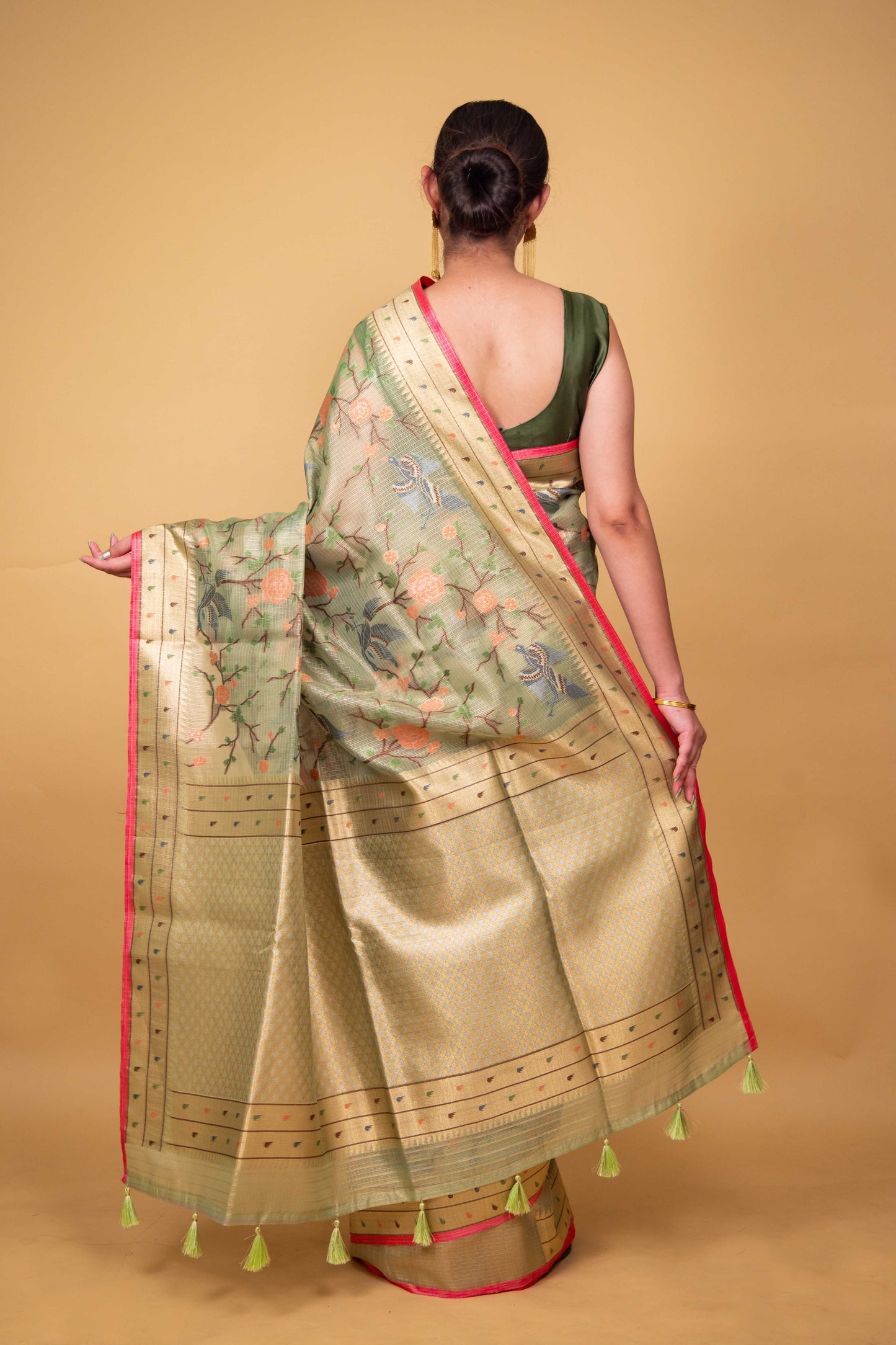 Pista Green Multi Resham Handwoven Kota Tissue Saree