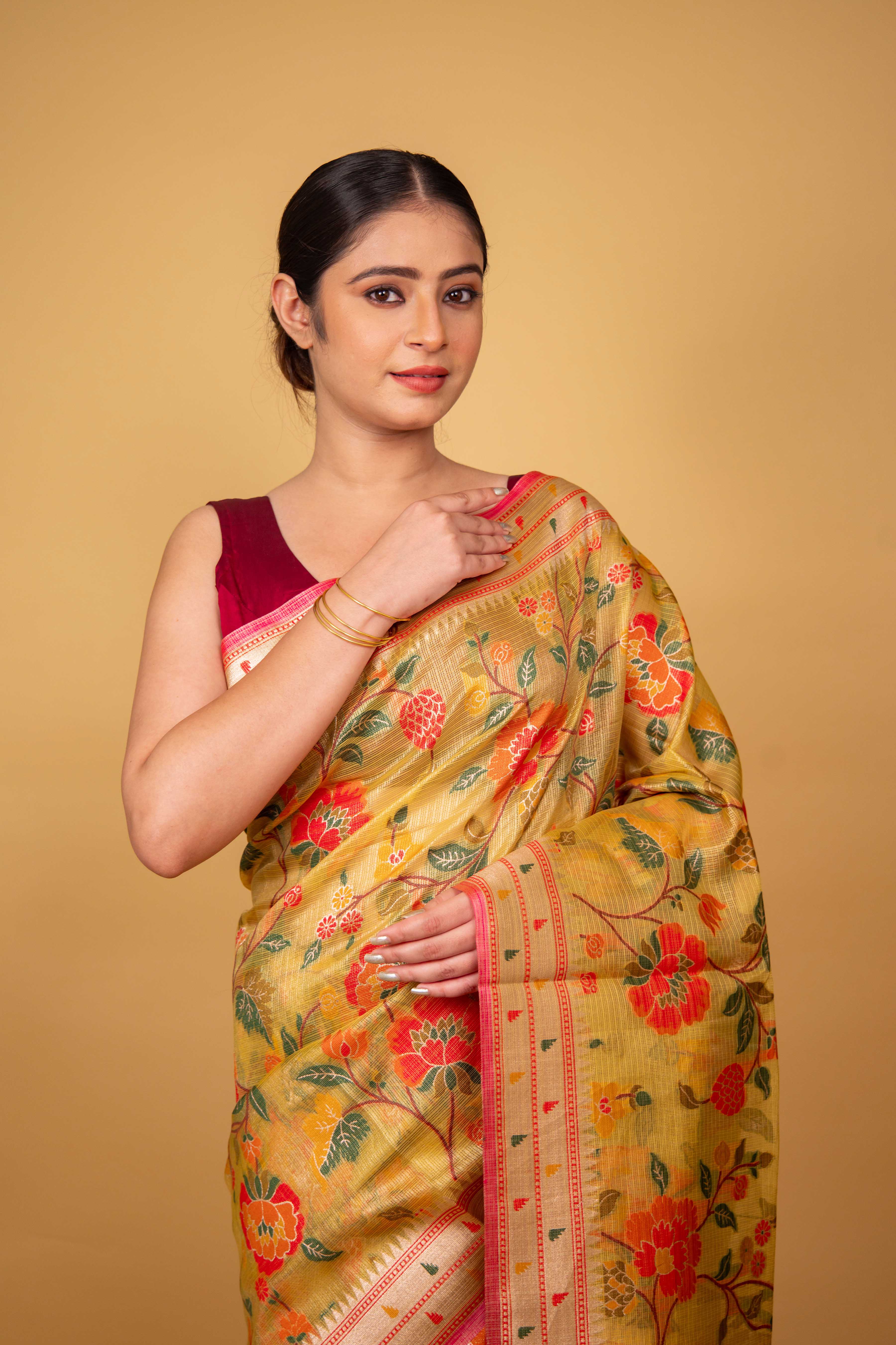 Mustard Floral  Handwoven Kota Tissue Saree
