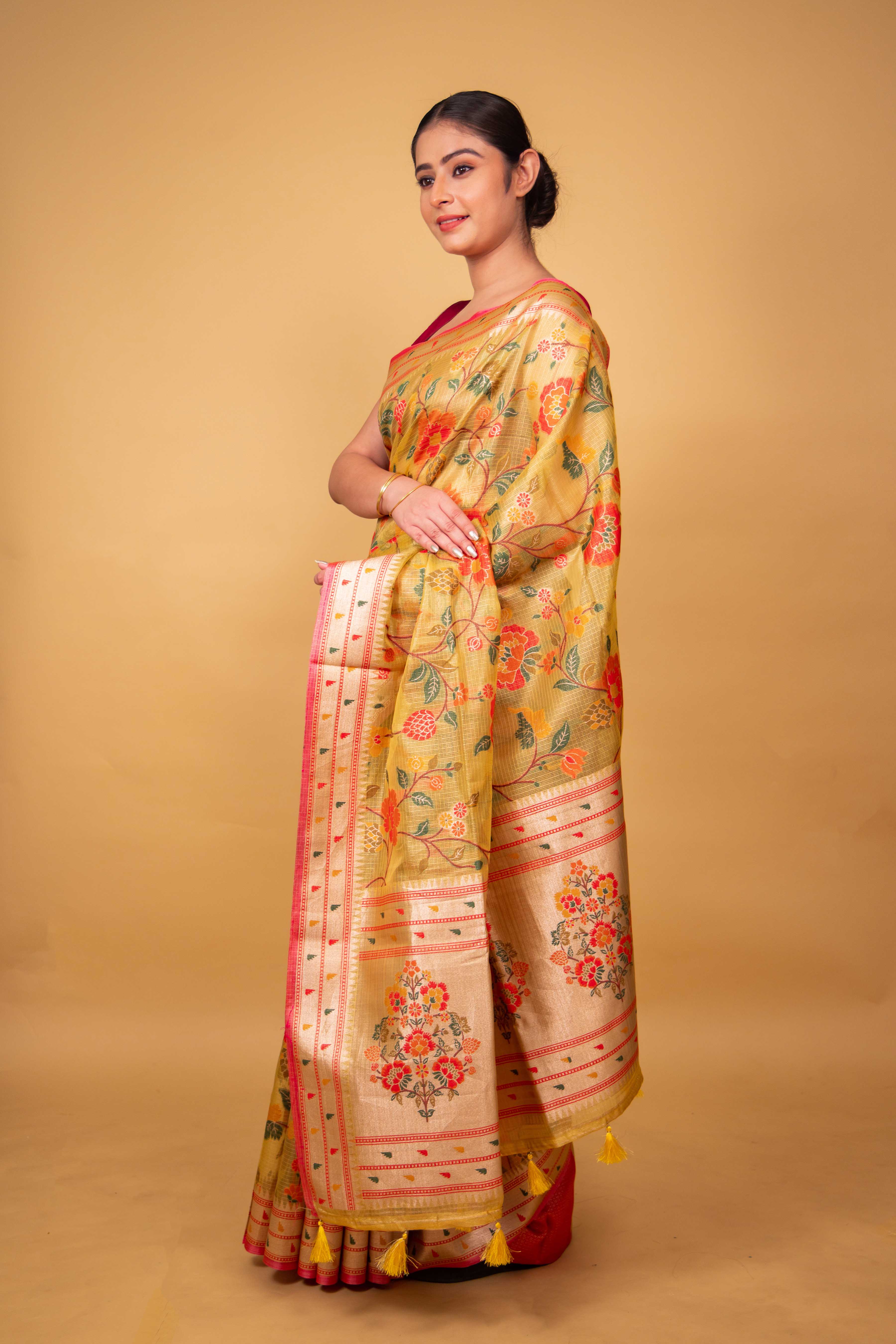 Mustard Floral  Handwoven Kota Tissue Saree