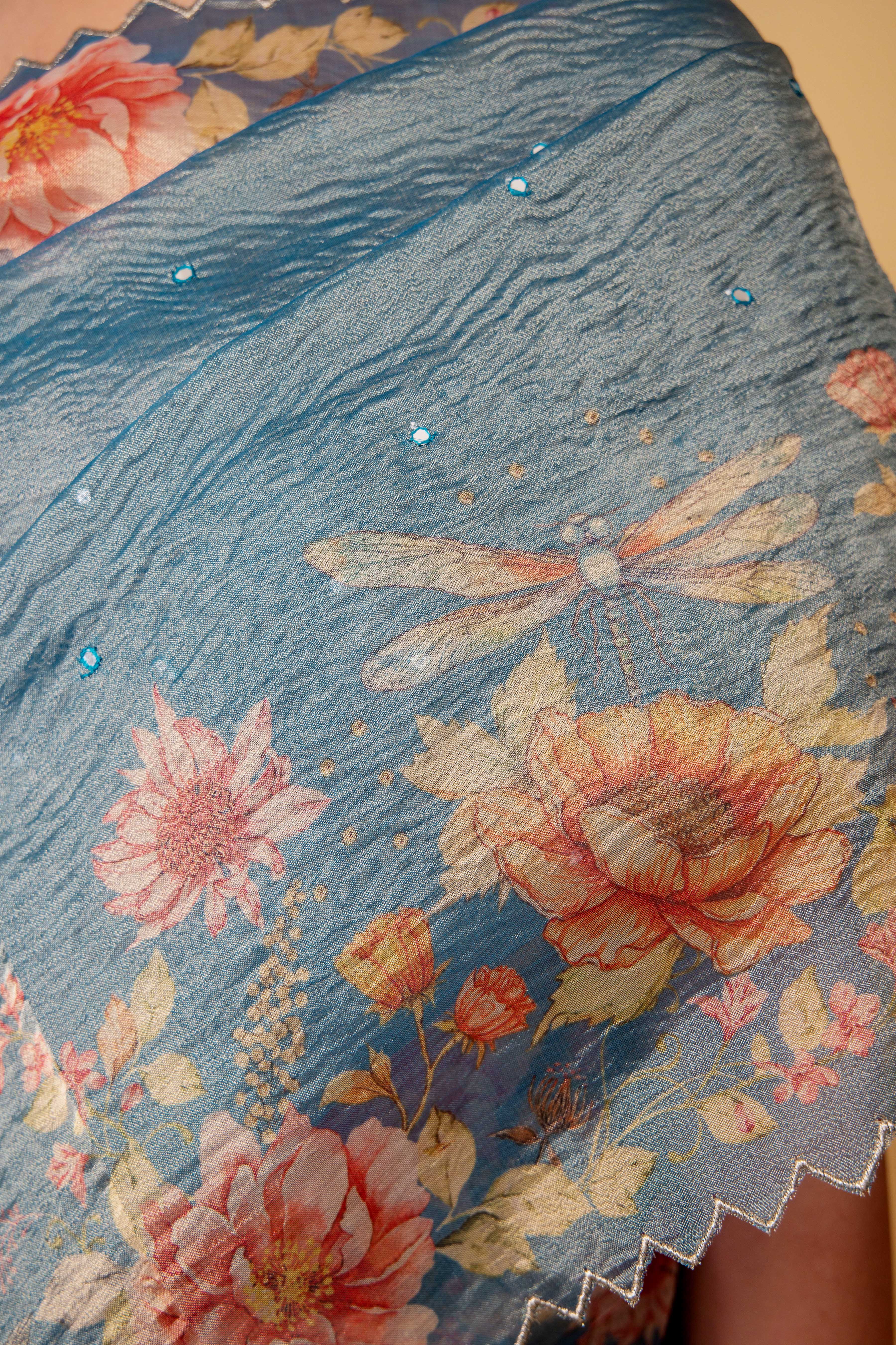 Blue Floral Print Crushed Tissue Saree