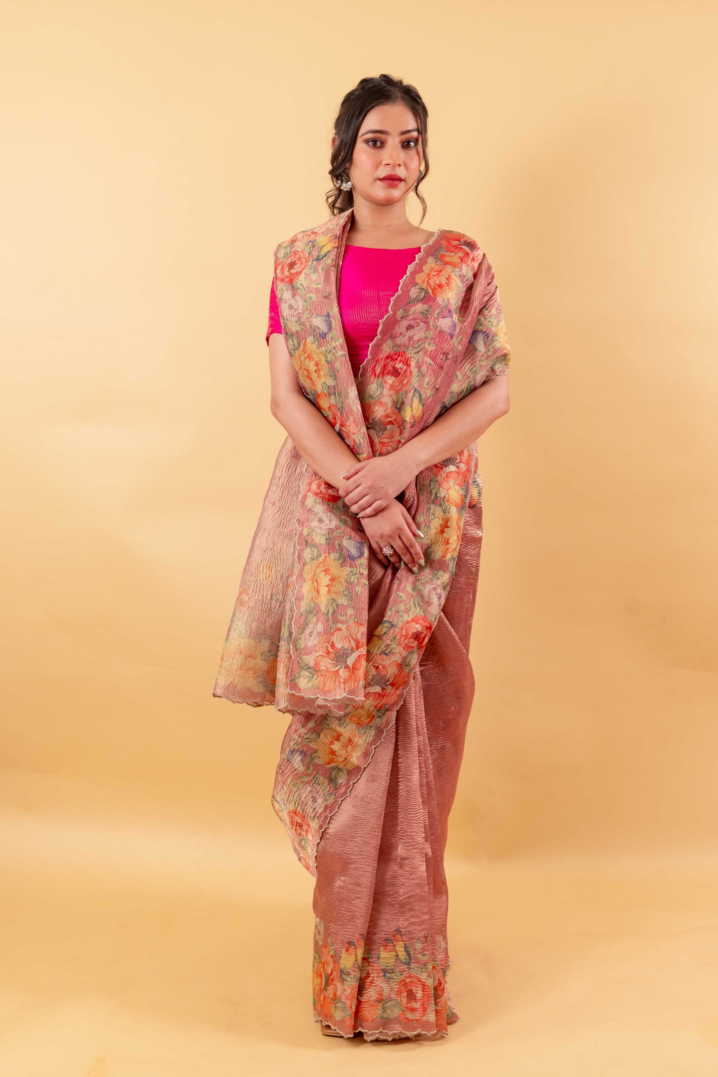 Pink Floral Print Crushed Tissue Saree