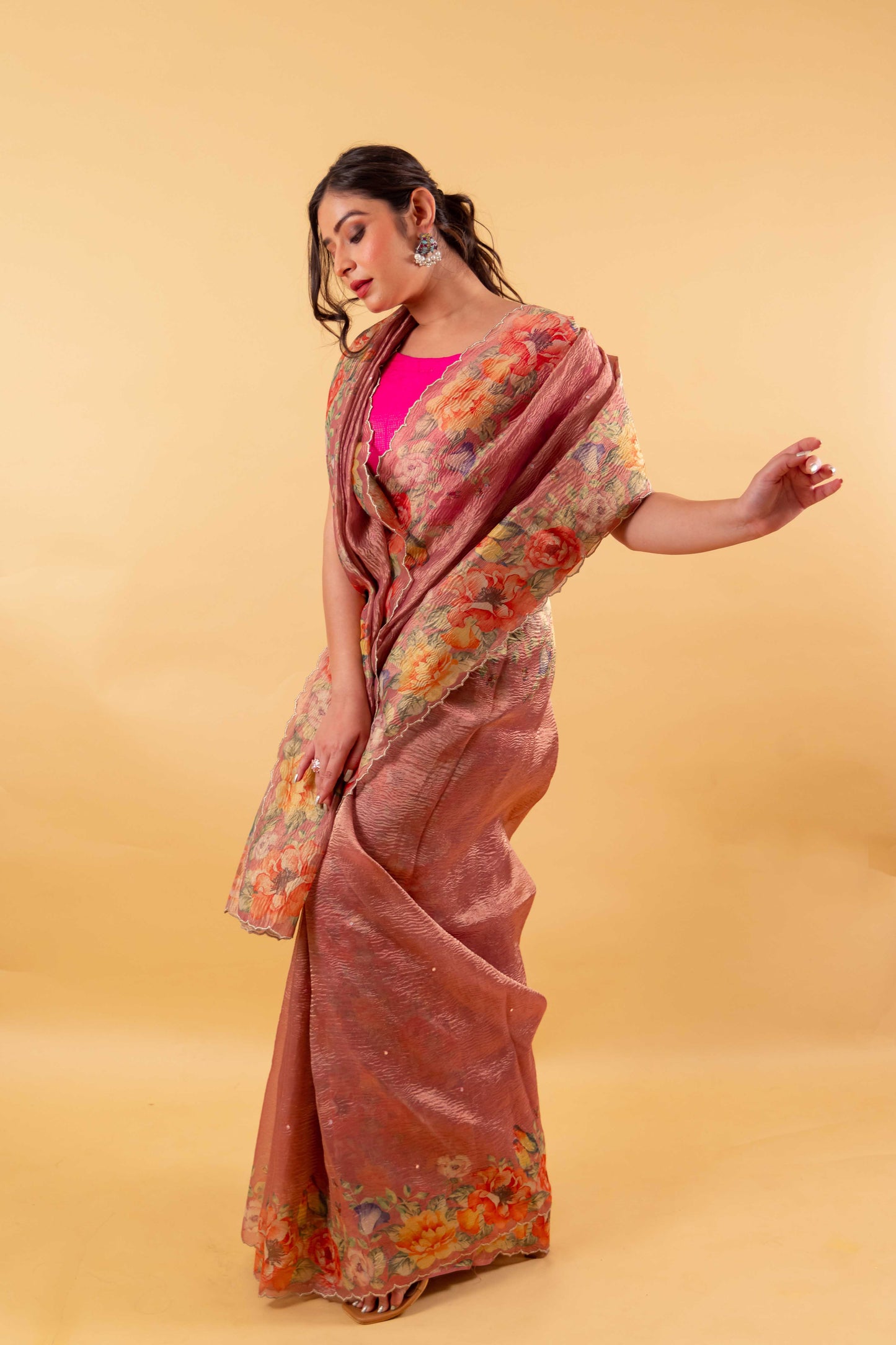 Pink Floral Print Crushed Tissue Saree