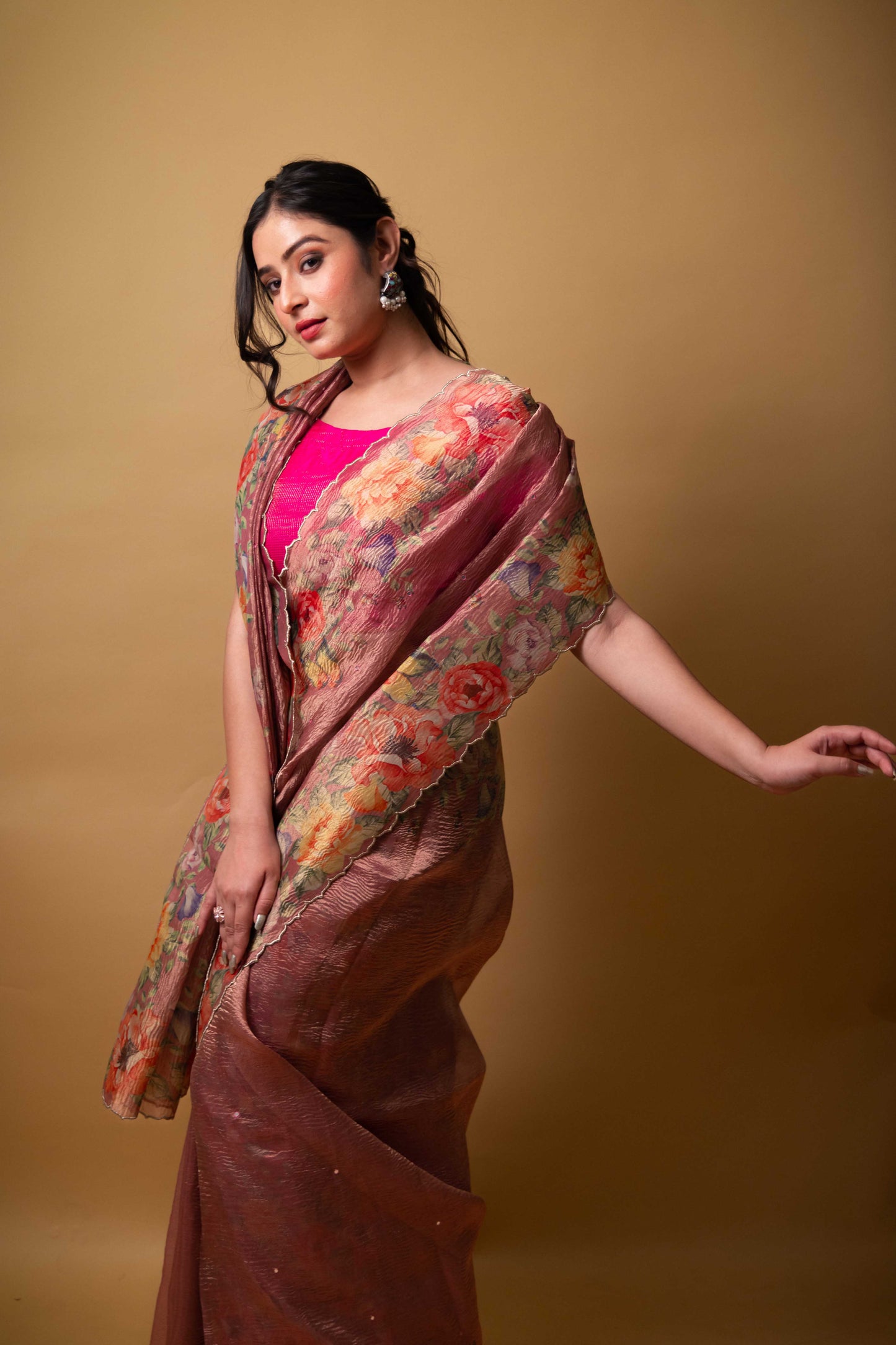 Pink Floral Print Crushed Tissue Saree