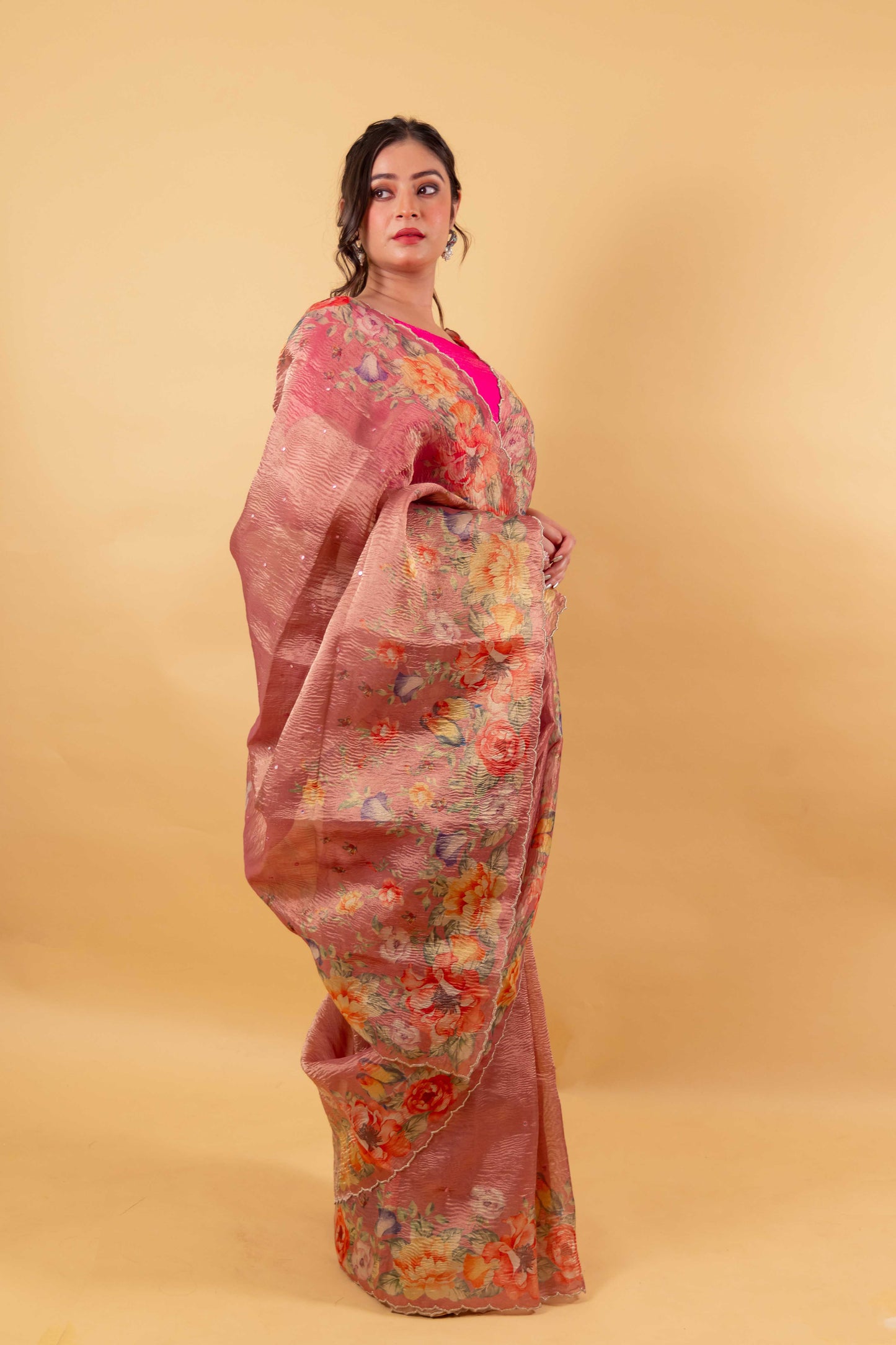 Pink Floral Print Crushed Tissue Saree