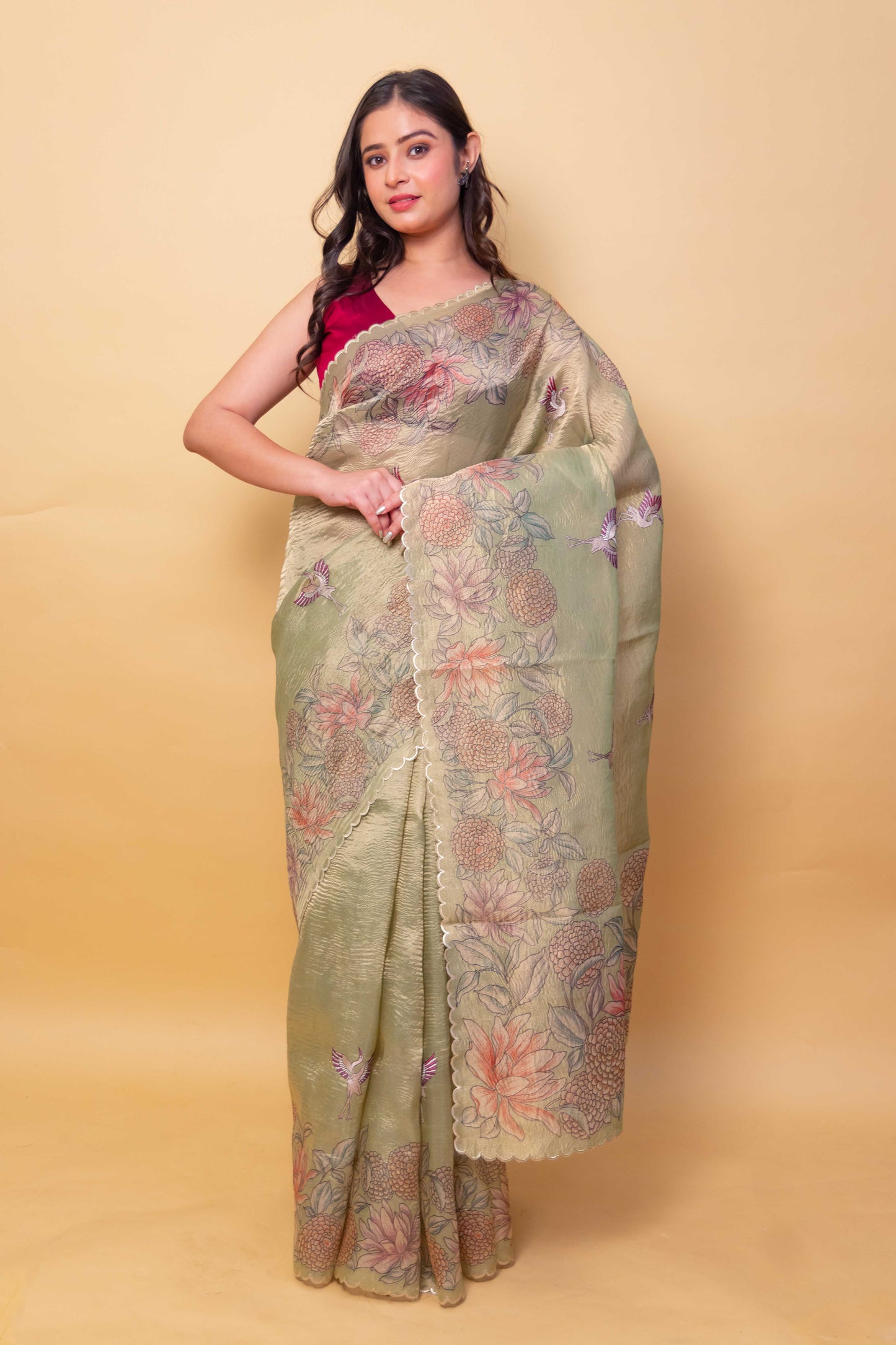 Green Floral Print Embellished Crushed Tissue Saree