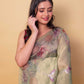 Green Floral Print Embellished Crushed Tissue Saree