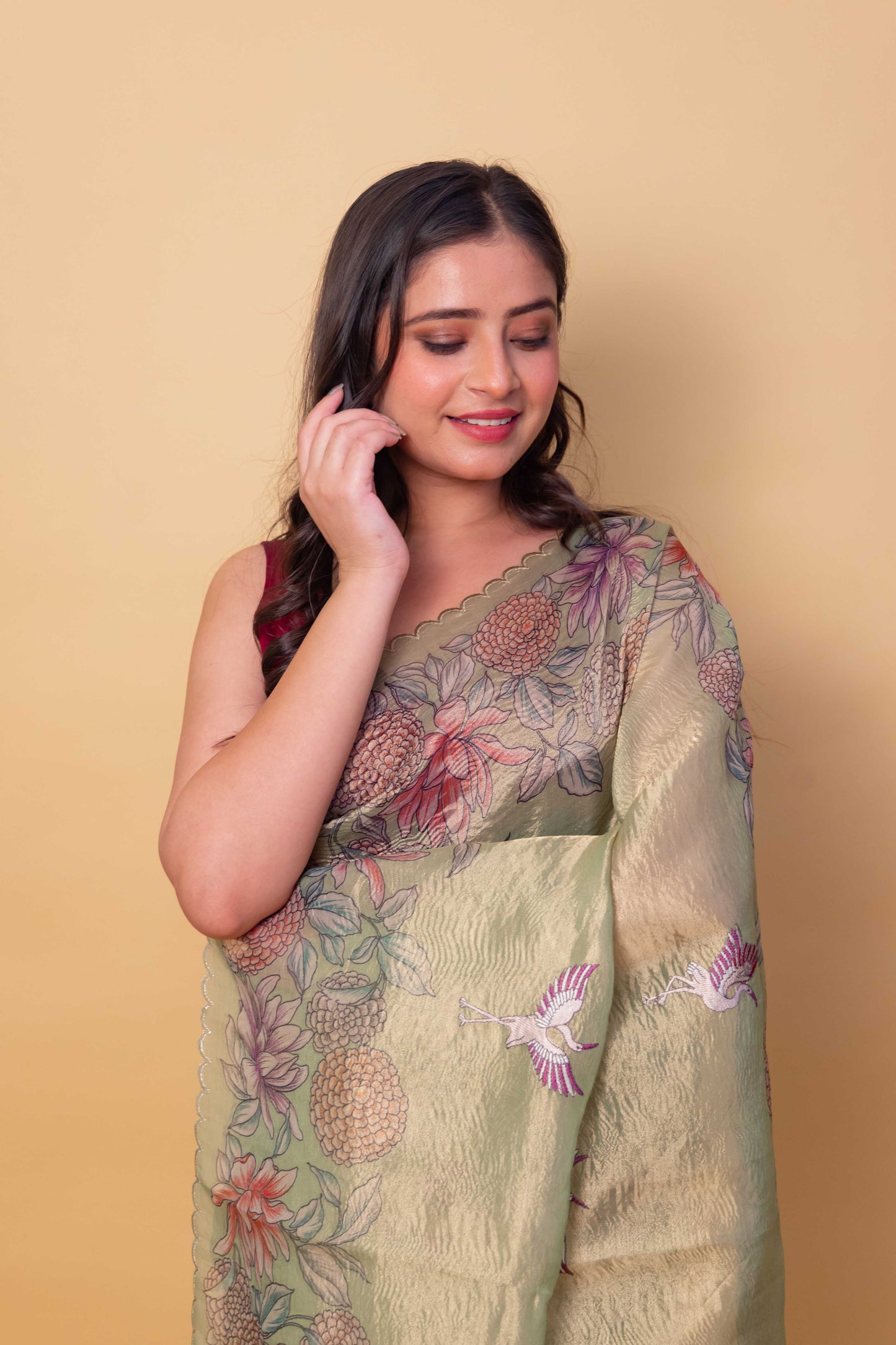 Green Floral Print Embellished Crushed Tissue Saree