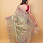 Green Floral Print Embellished Crushed Tissue Saree