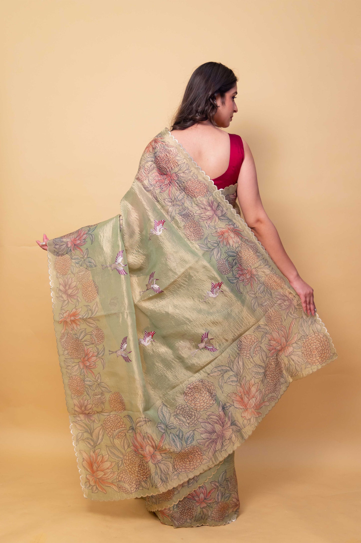 Green Floral Print Embellished Crushed Tissue Saree