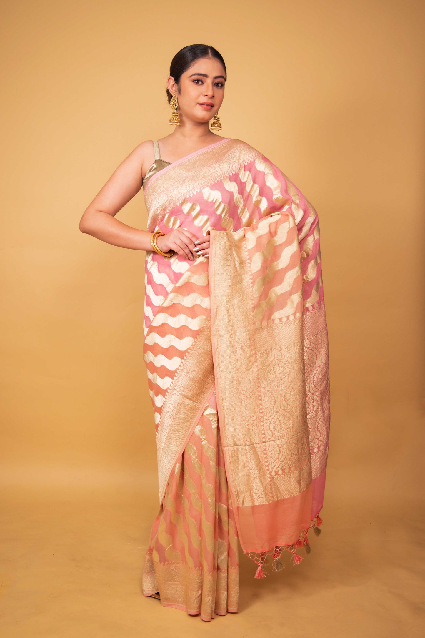 Peach & Pink Shaded Khaddi Banarasi Georgette Silk Saree