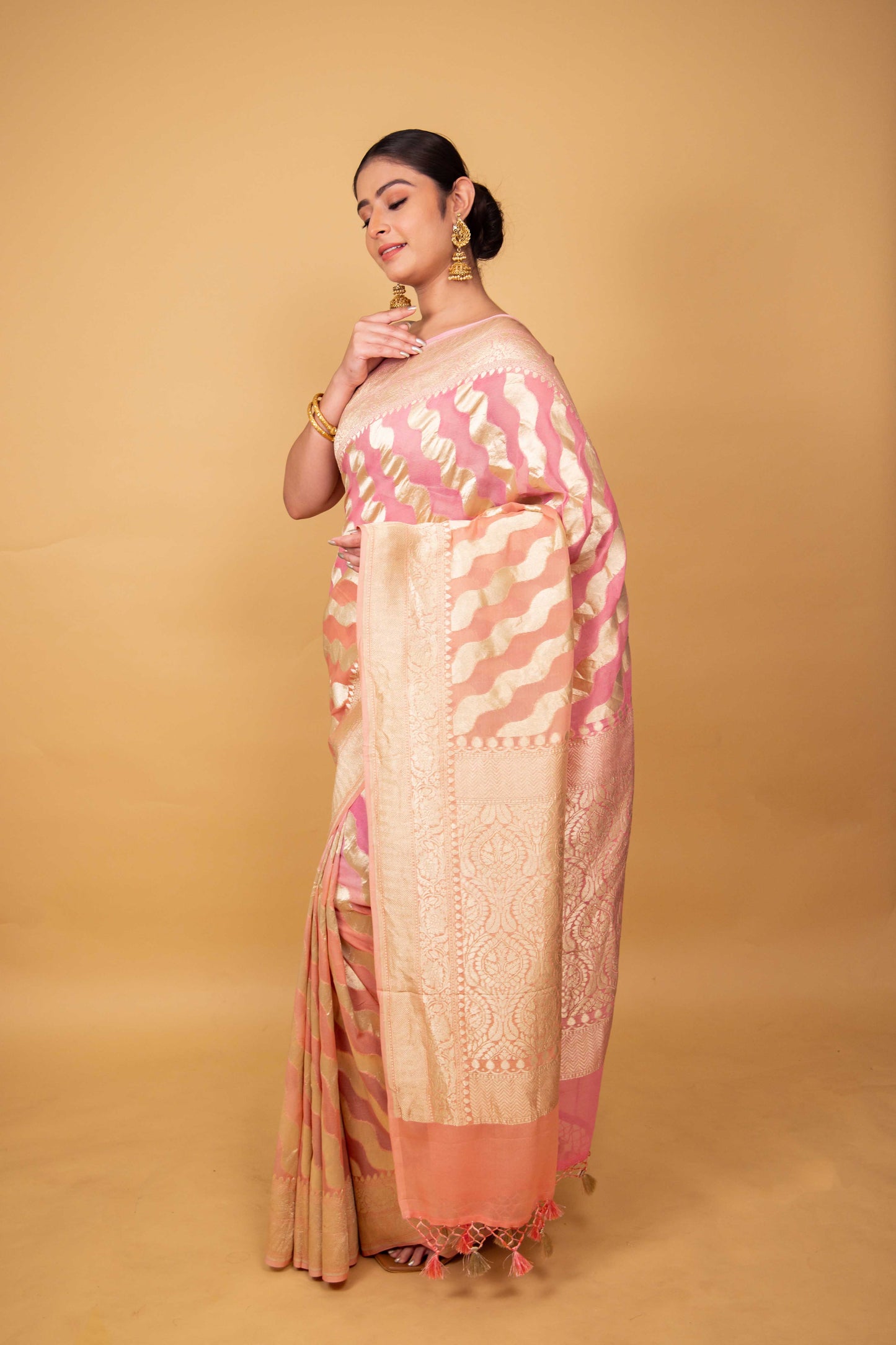 Peach & Pink Shaded Khaddi Banarasi Georgette Silk Saree