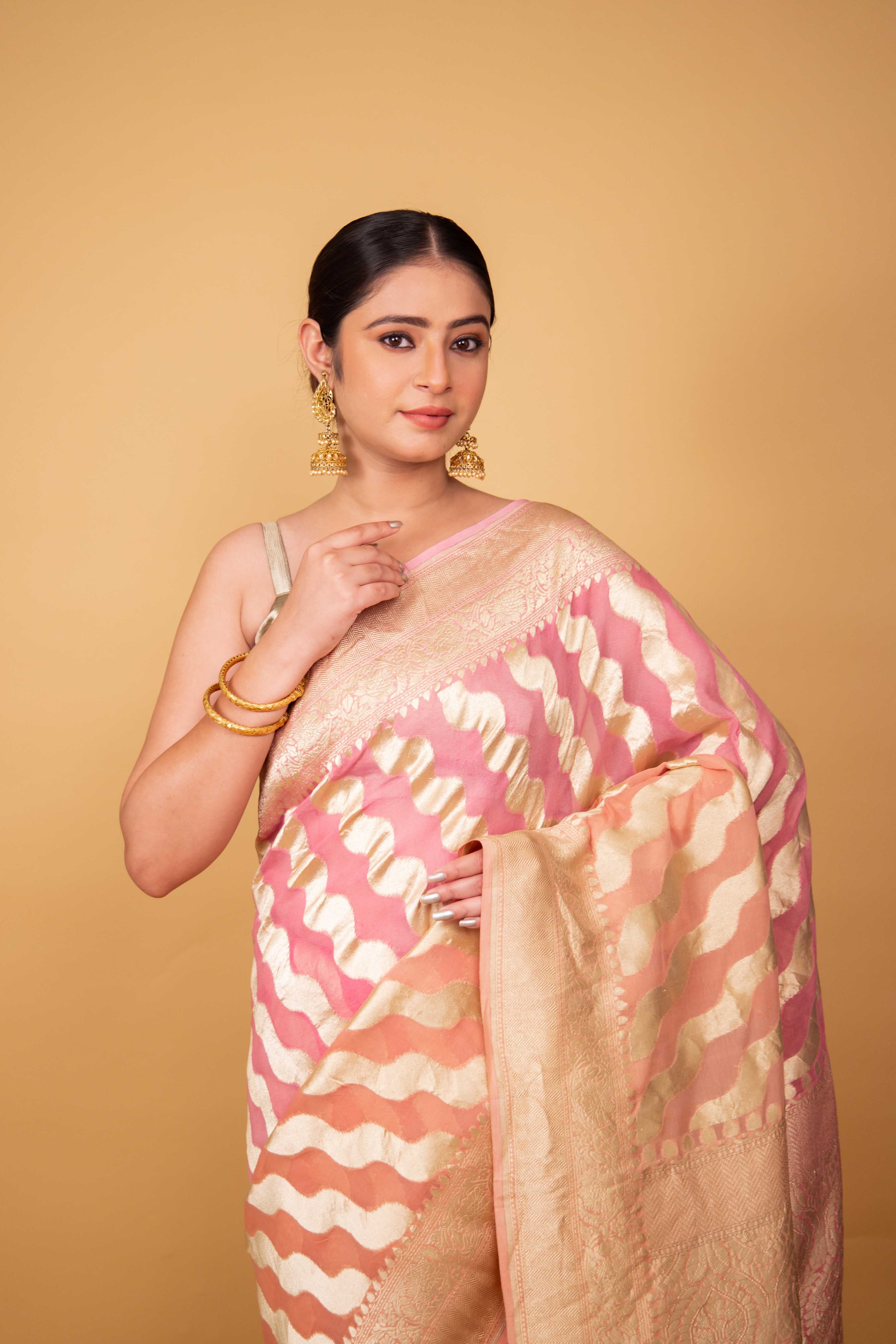 Peach & Pink Shaded Khaddi Banarasi Georgette Silk Saree