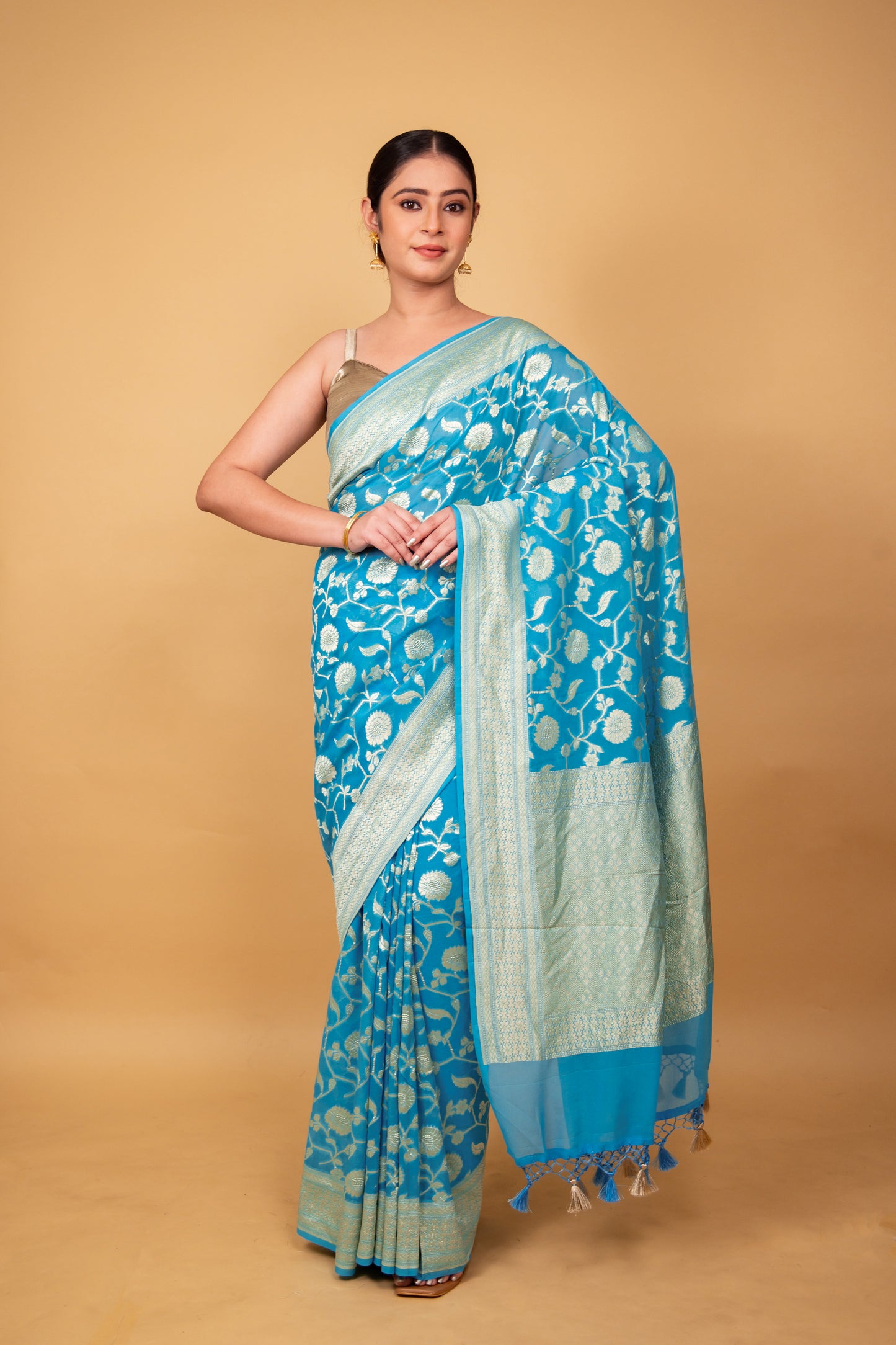 Blue Handwoven Khaddi Banarasi Georgette Silk Saree