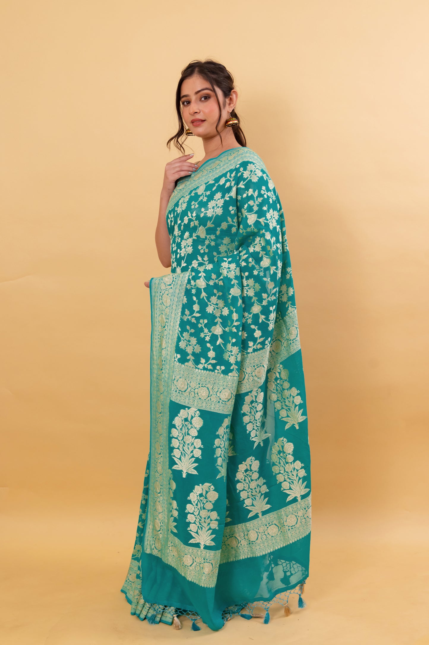 Sea Green Handwoven Khaddi Banarasi Georgette Silk Saree