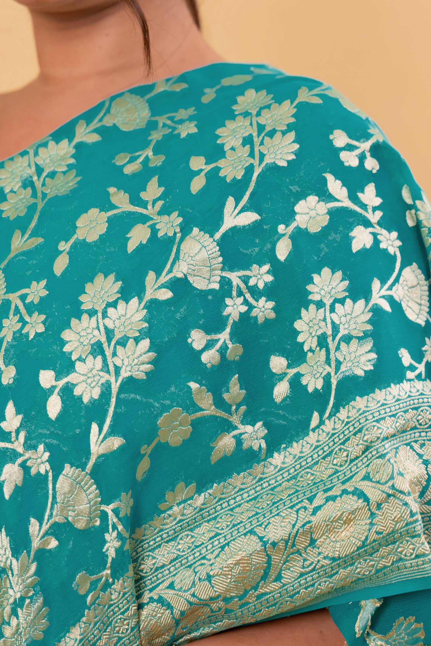 Sea Green Handwoven Khaddi Banarasi Georgette Silk Saree