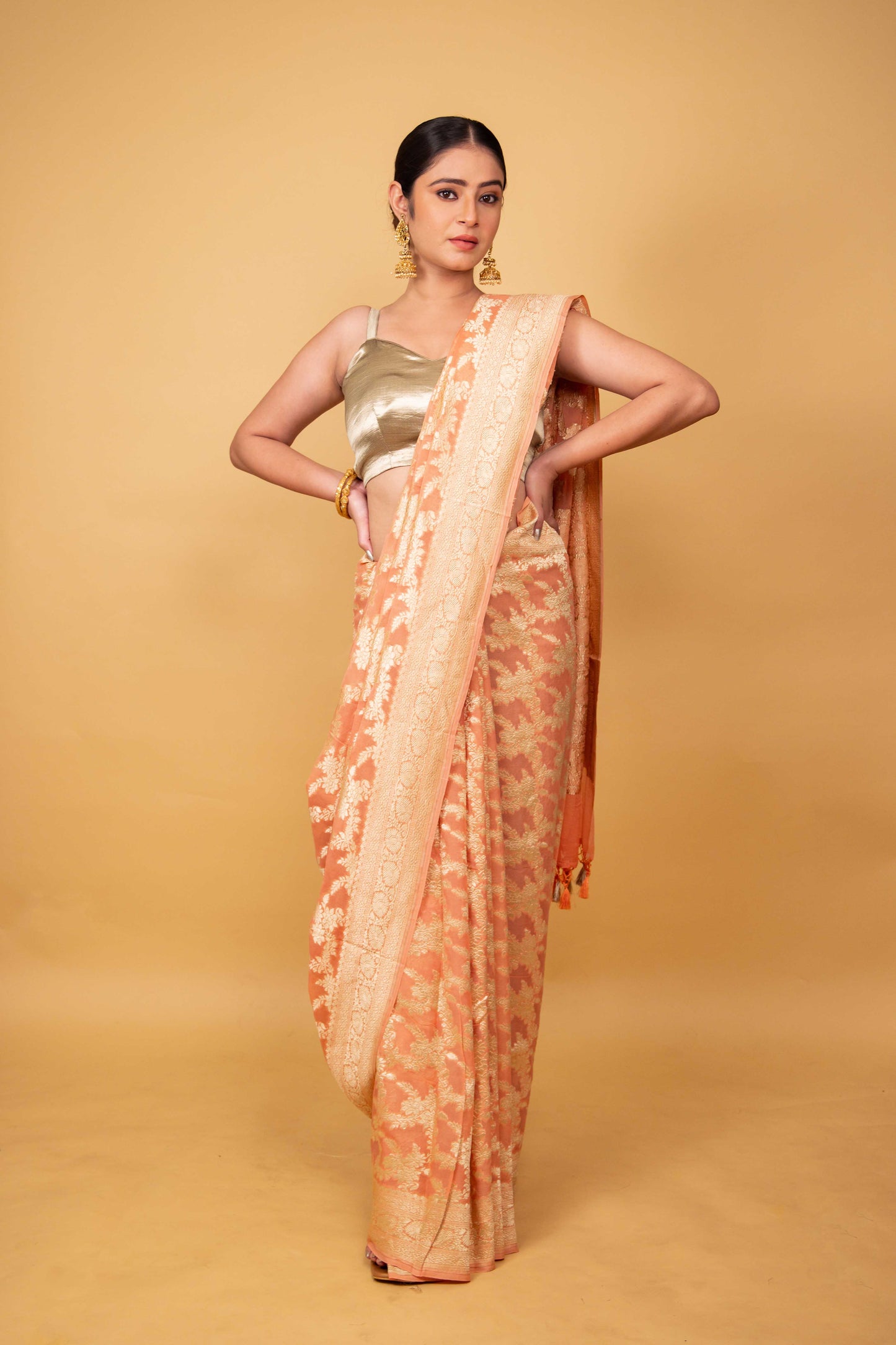 Peach Handwoven Khaddi Banarasi Georgette Silk Saree